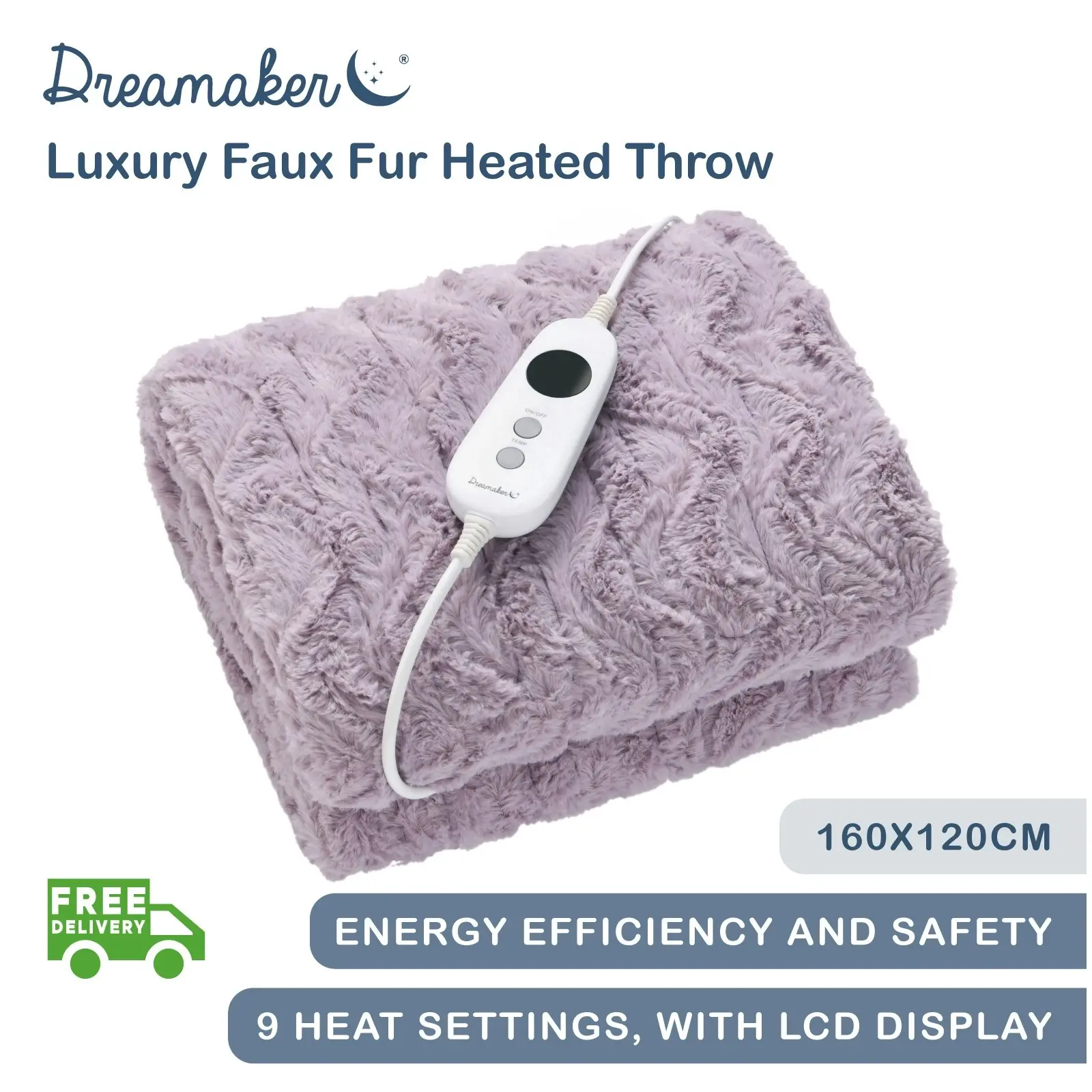 Dreamaker 500gsm Faux Fur Heated Throw Lavender 200 x 180cm