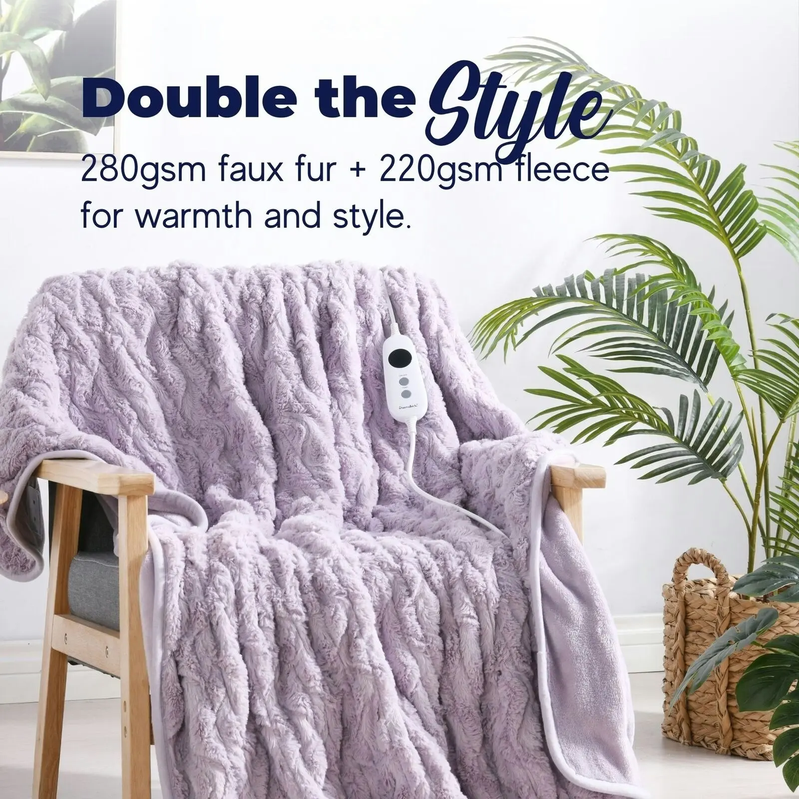 Dreamaker 500gsm Faux Fur Heated Throw Lavender 200 x 180cm