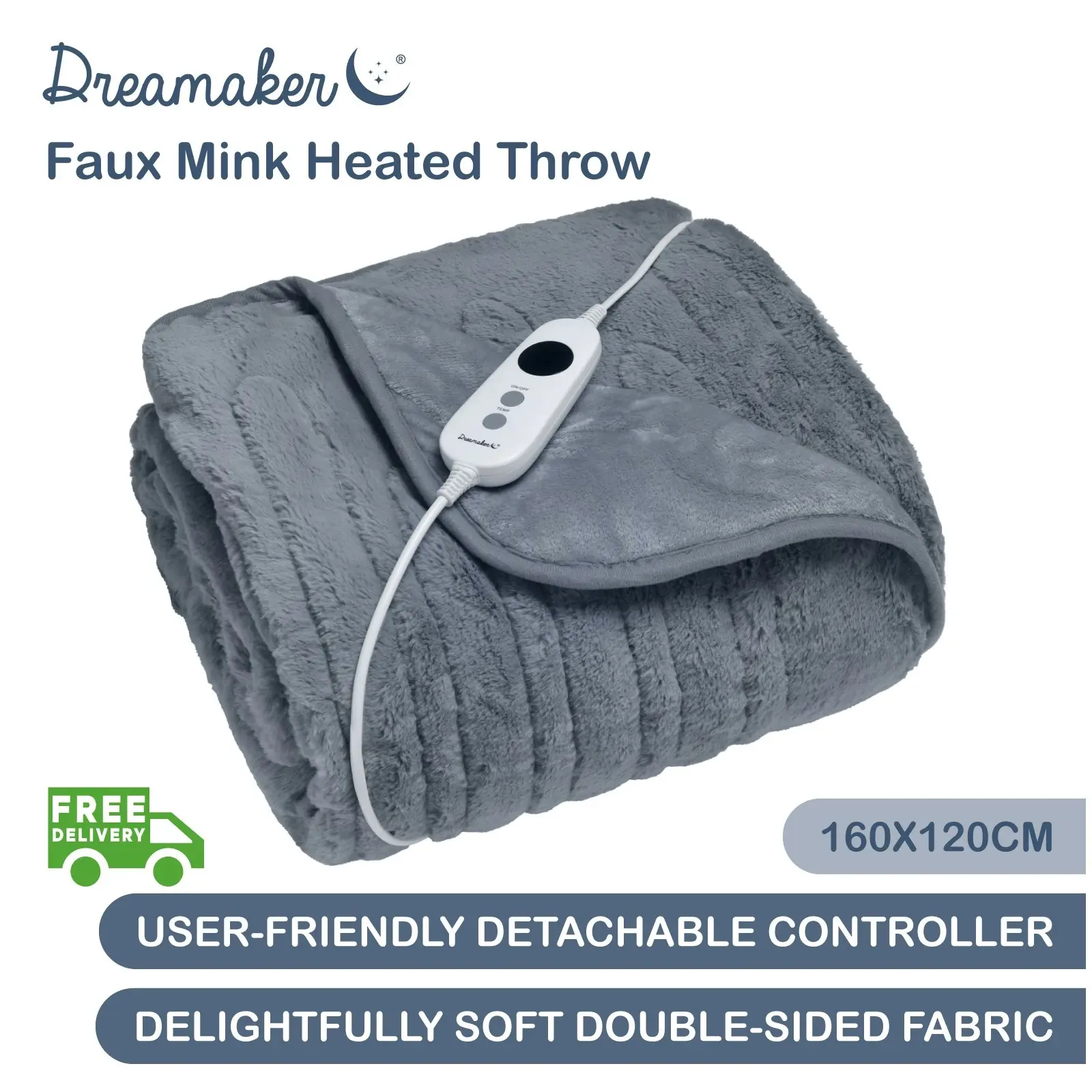 Dreamaker Faux Mink Heated Throw Blue Grey 160x120cm