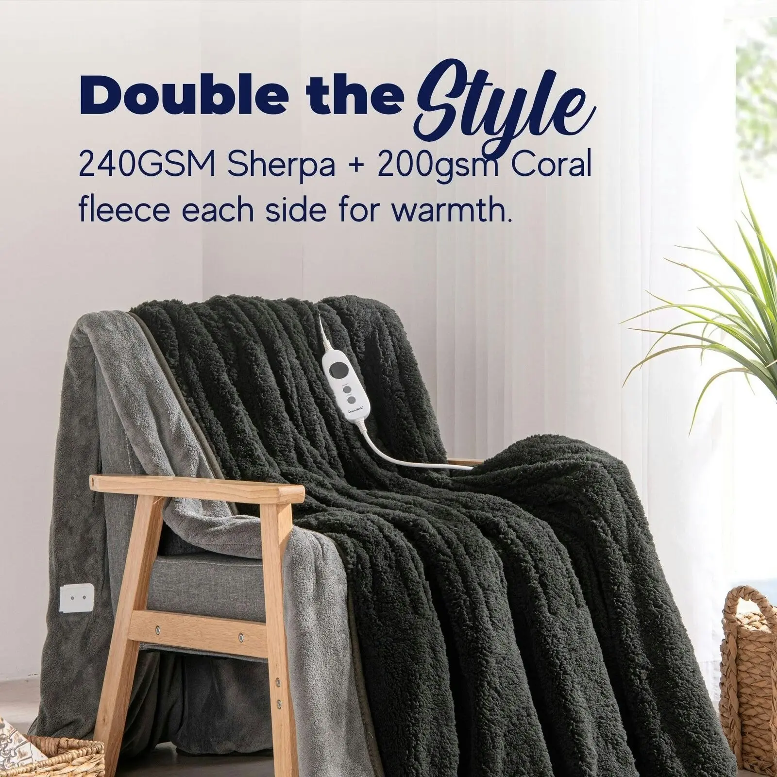 Dreamaker Reversible Sherpa & Coral Fleece Heated Throw Charcoal & Silver 160 x 120cm