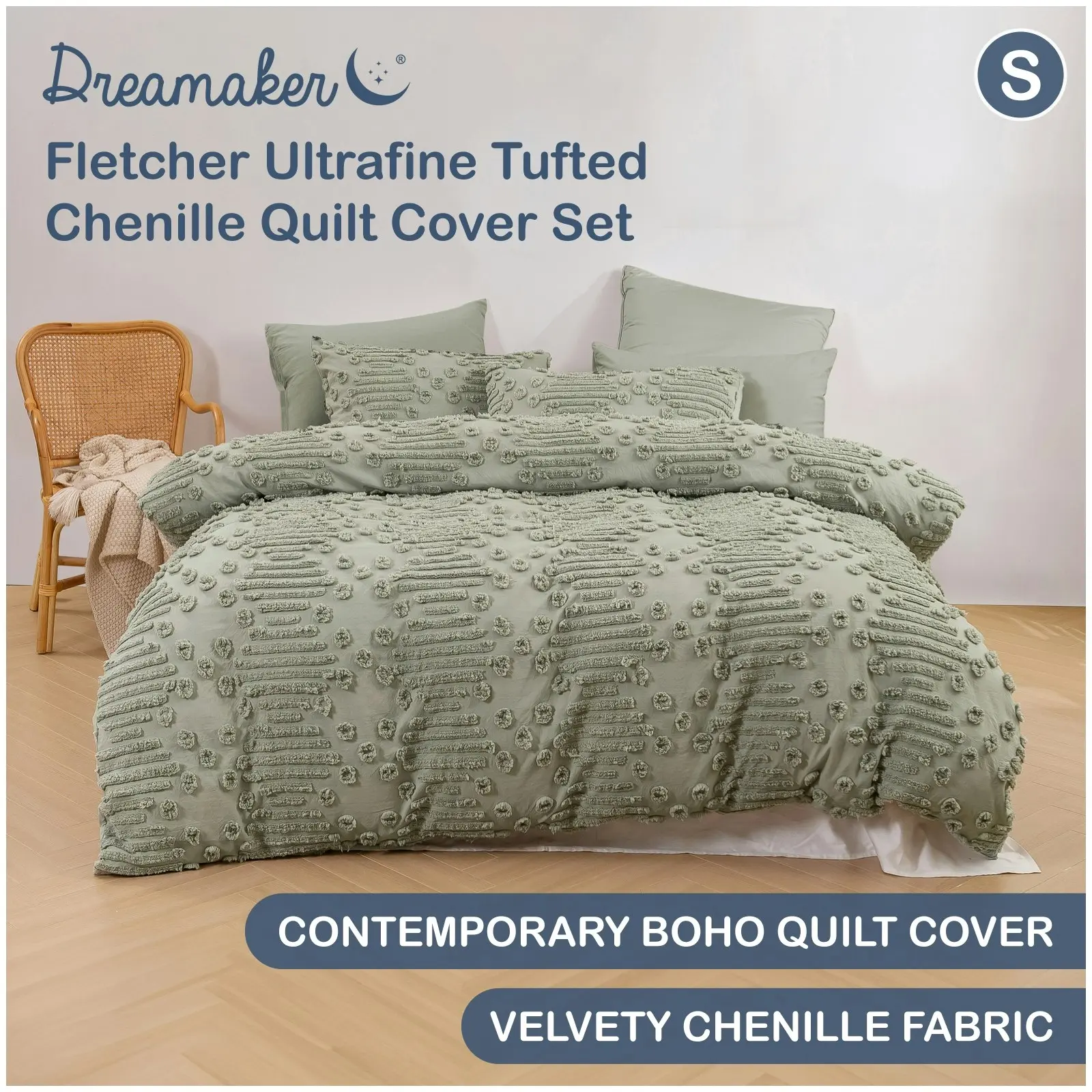 Dreamaker Fletcher Ultrafine Tufted Chenille Quilt Cover Set Sage Single Bed