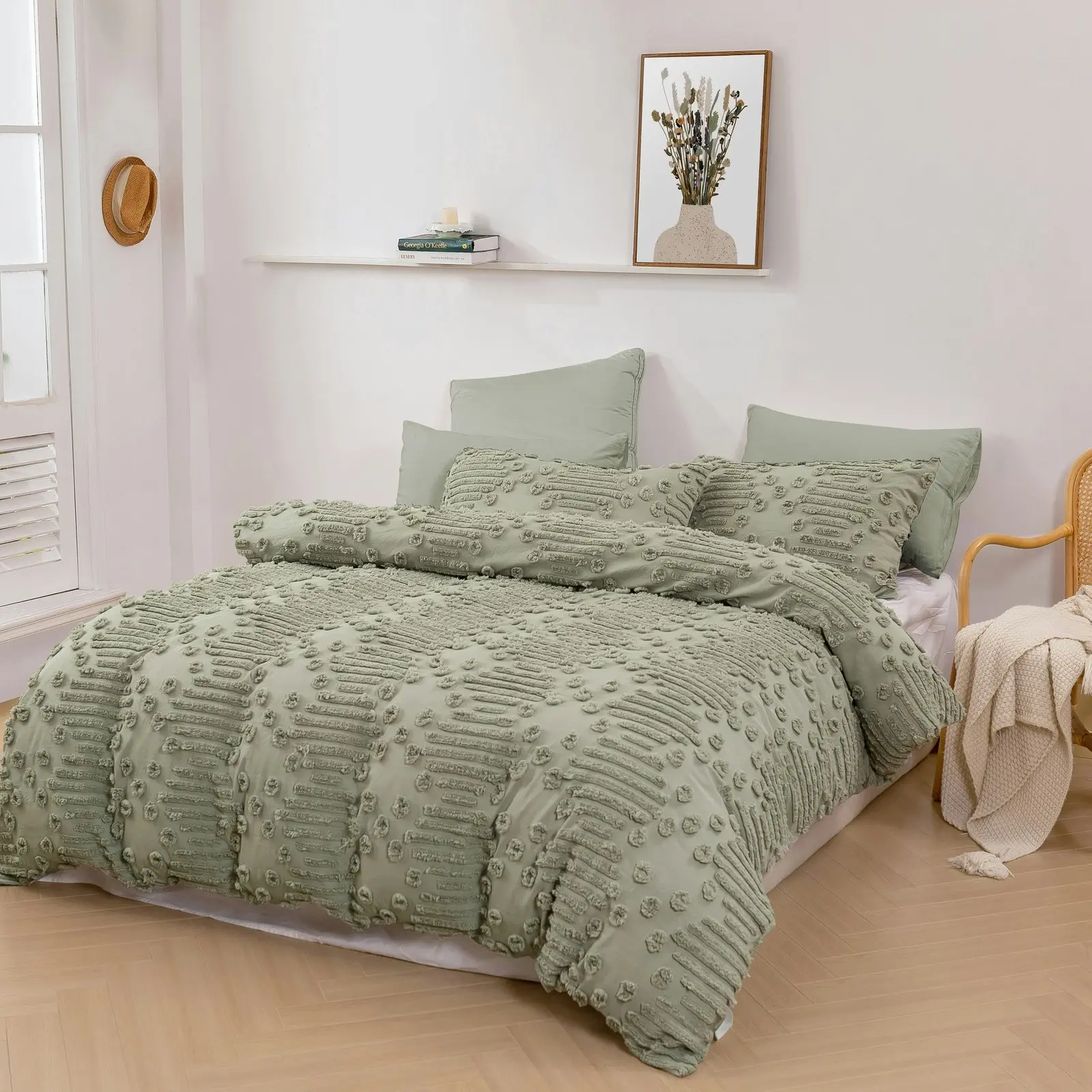 Dreamaker Fletcher Ultrafine Tufted Chenille Quilt Cover Set Sage Single Bed