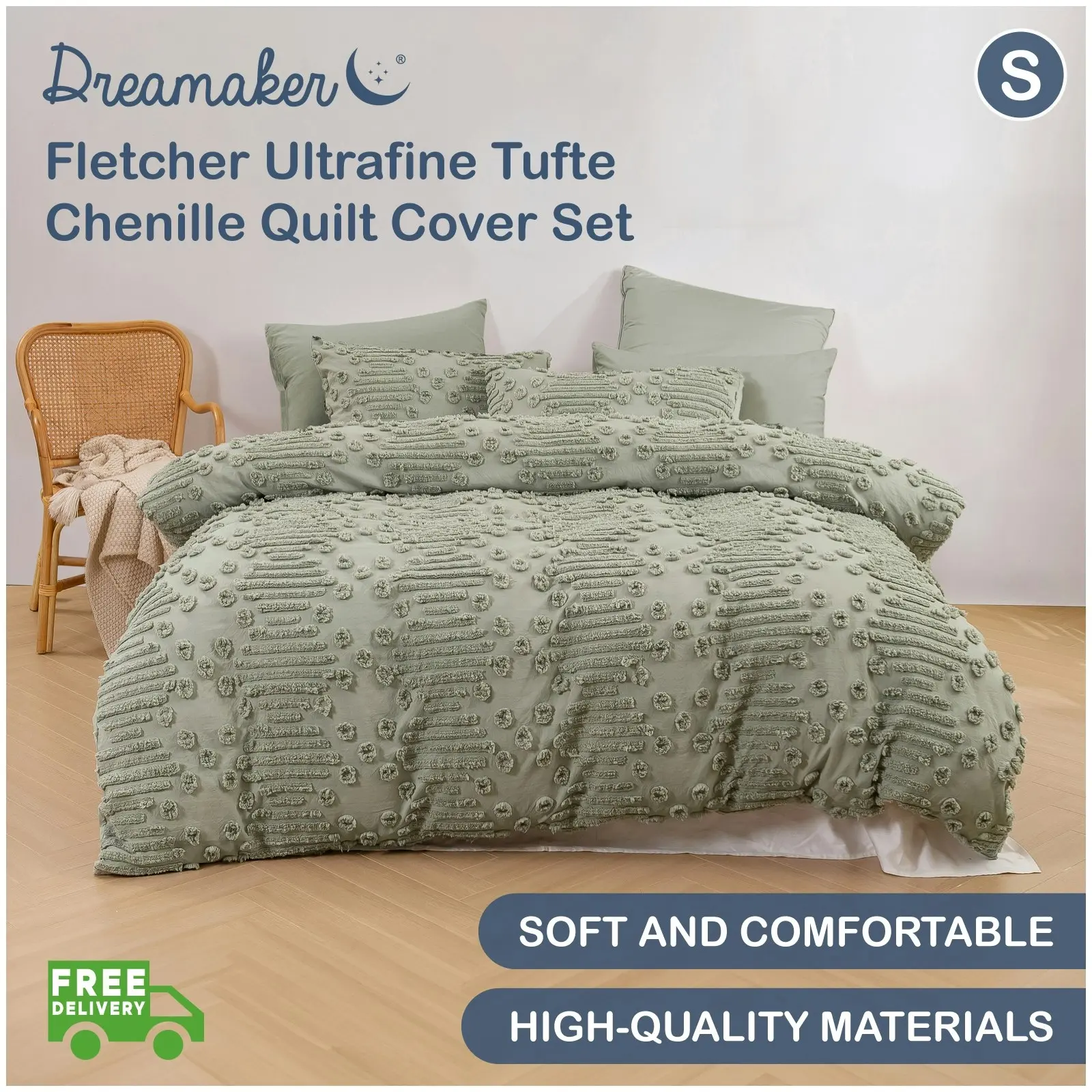 Dreamaker Fletcher Ultrafine Tufted Chenille Quilt Cover Set Sage Single Bed