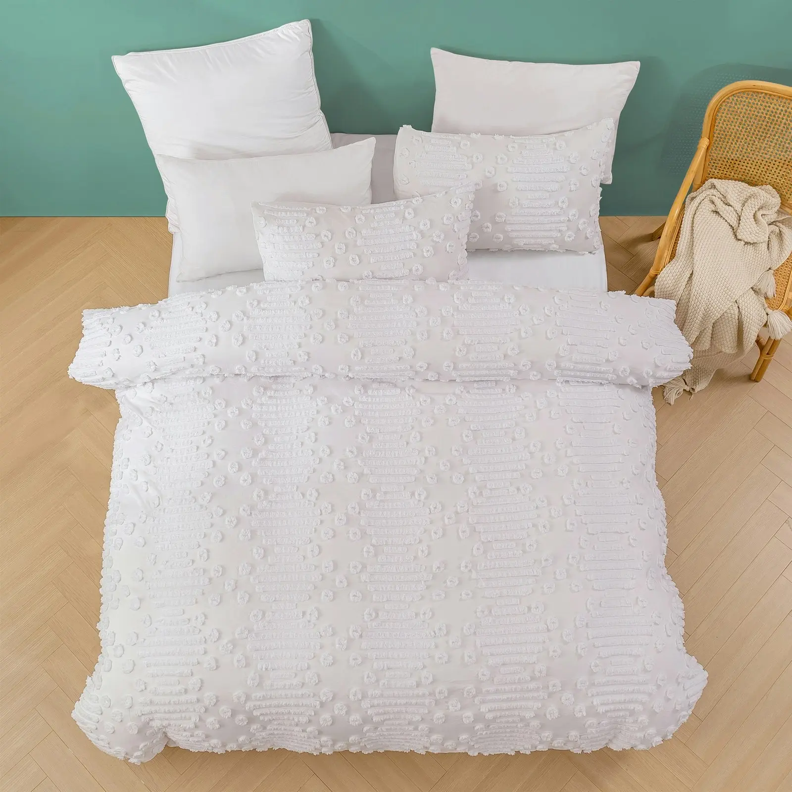 Dreamaker Fletcher Ultrafine Tufted Chenille Quilt Cover Set White Double Bed