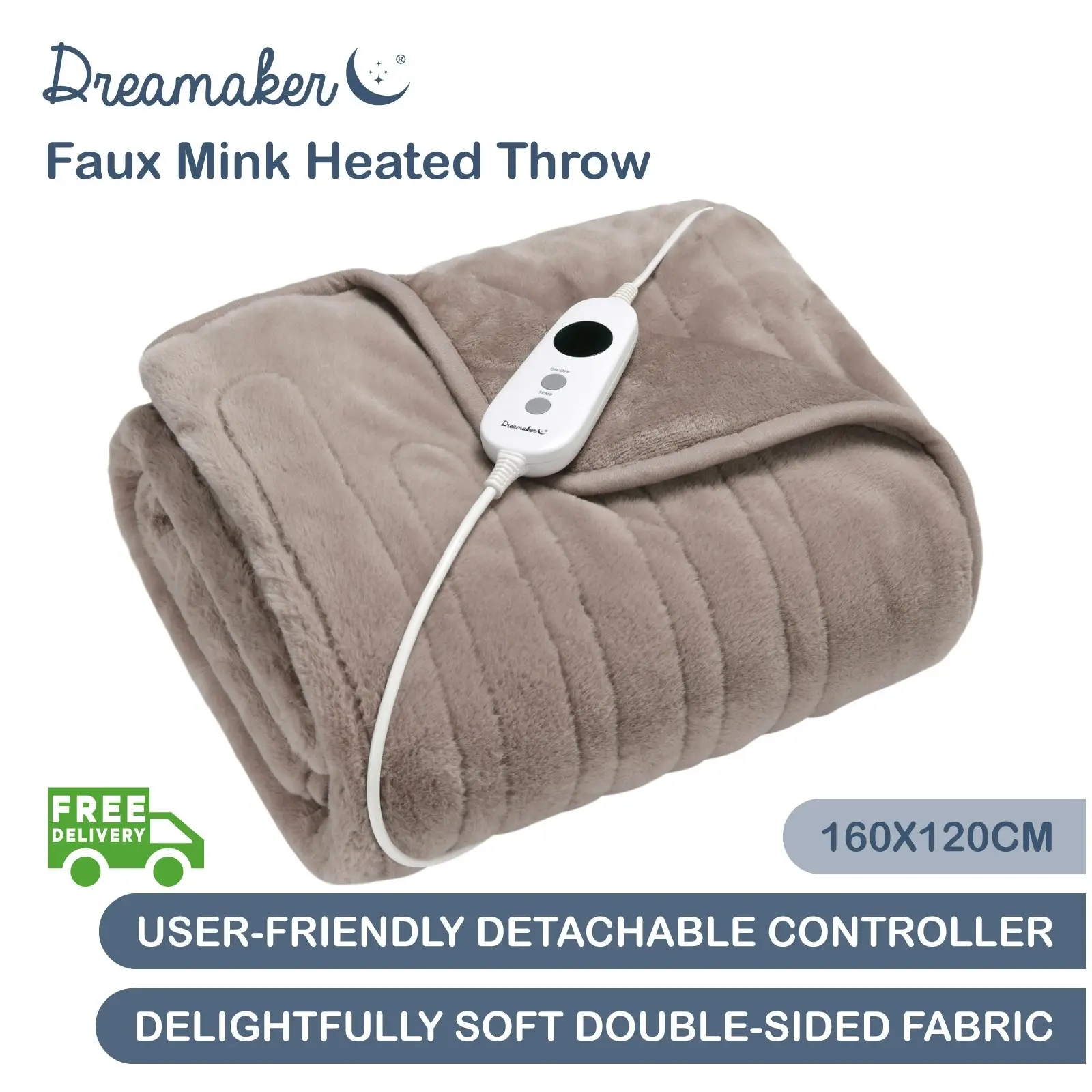 Dreamaker Faux Mink Heated Throw Mocha 160x120cm