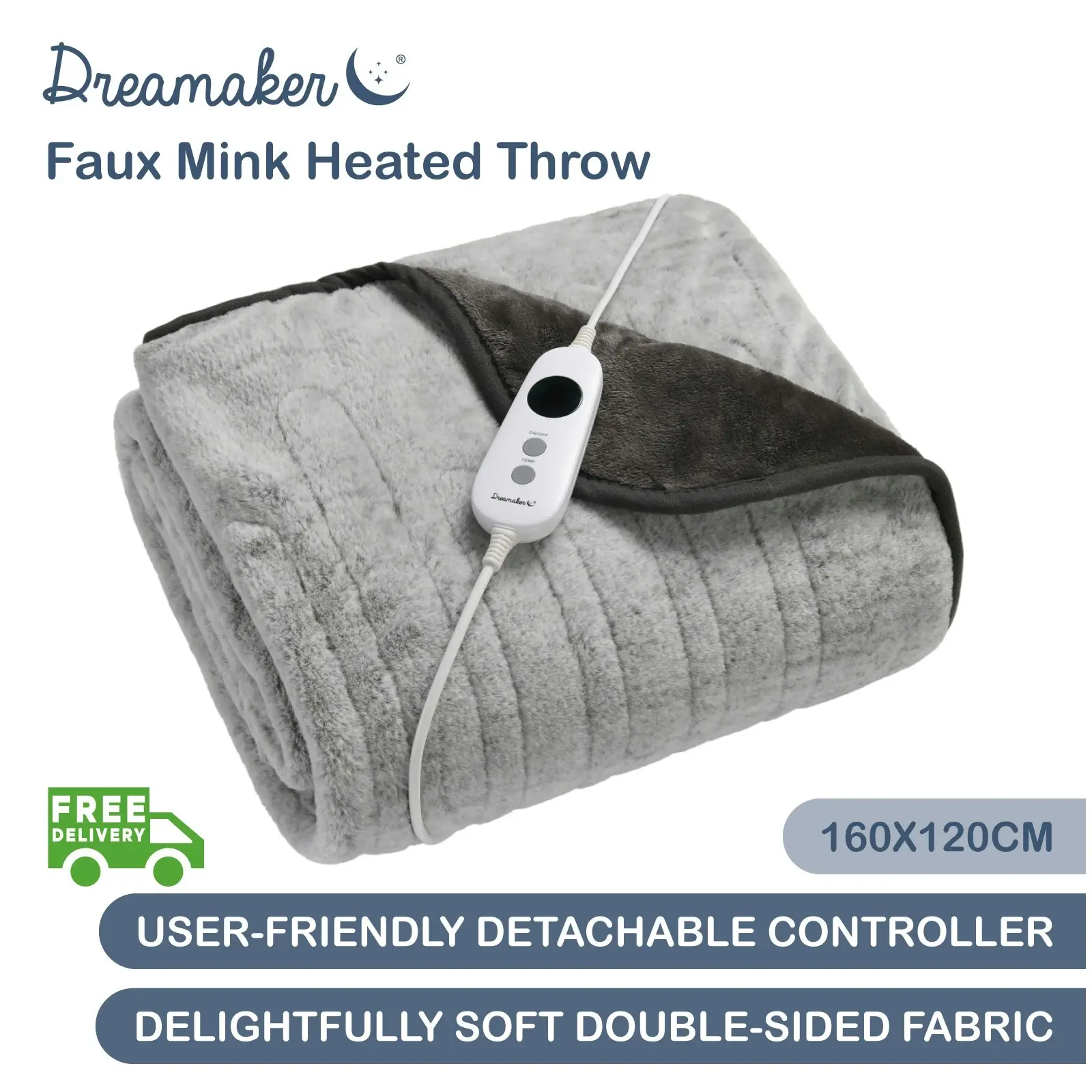 Dreamaker Faux Mink Heated Throw Silver with White Tip 160x120cm