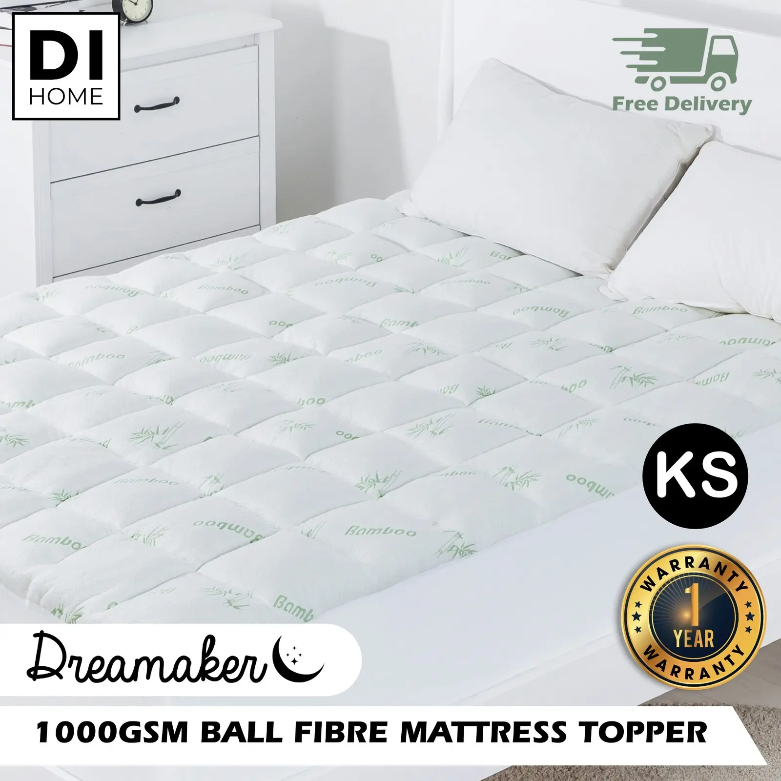 Dreamaker 1000GSM Bamboo Covered Ball Fibre Mattress Topper King Single Bed