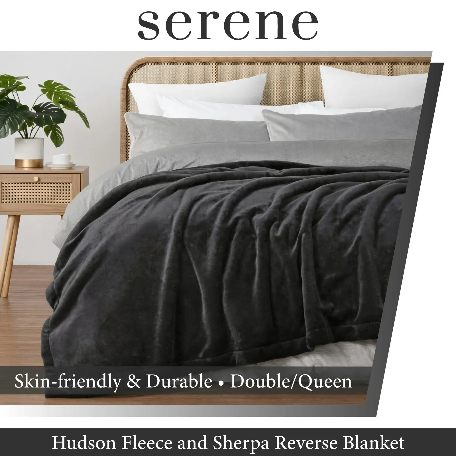 Serene Hudson Fleece and Sherpa Reverse Blanket Charcoal Double/Queen Bed