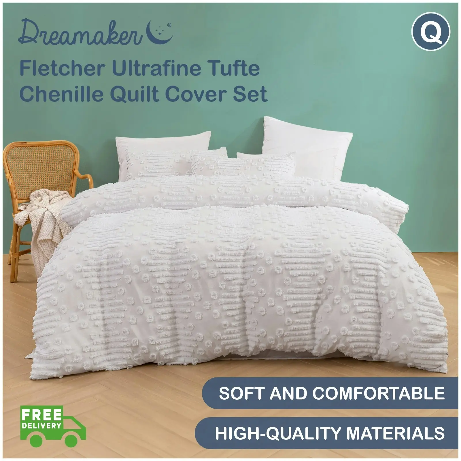 Dreamaker Fletcher Ultrafine Tufted Chenille Quilt Cover Set White Queen Bed