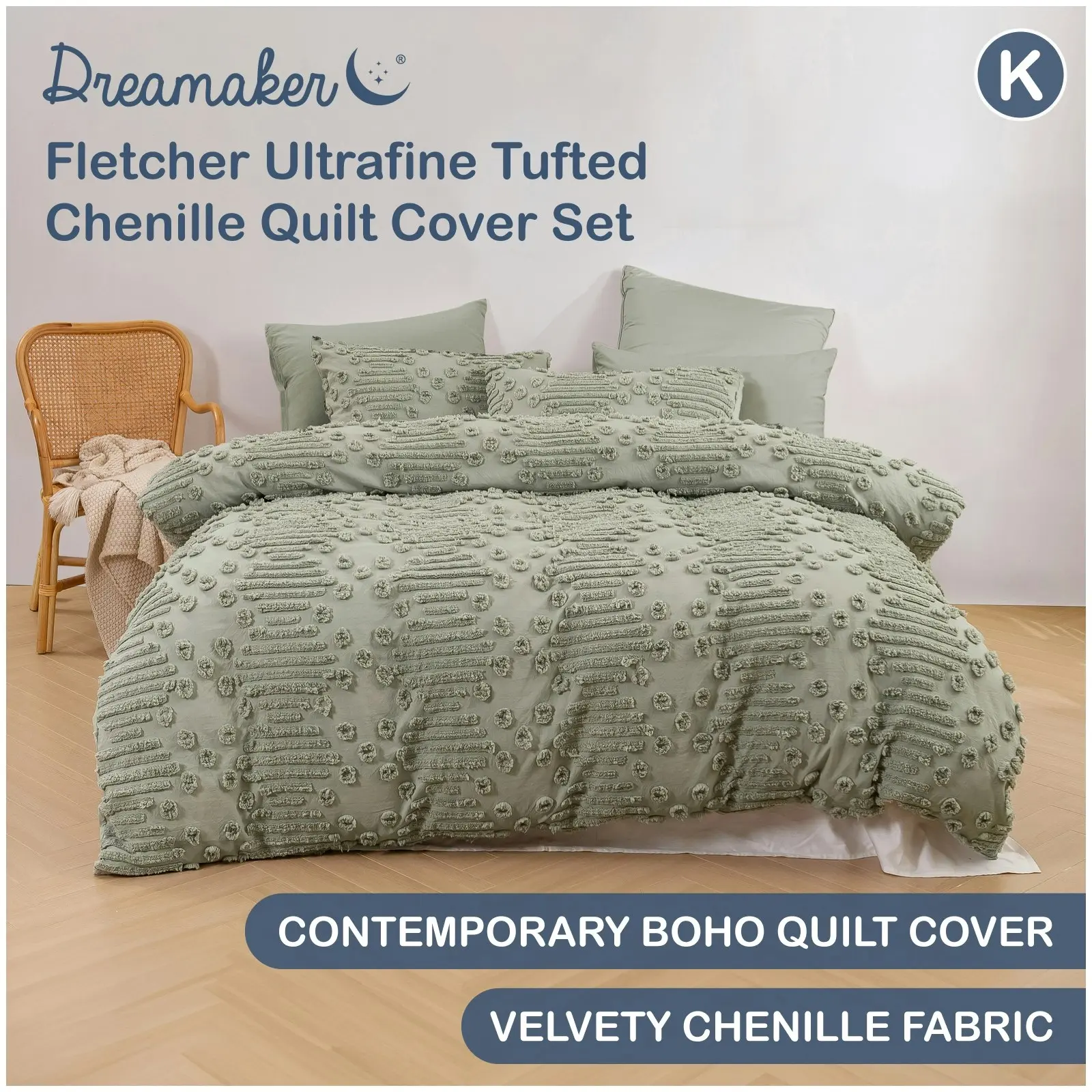 Dreamaker Fletcher Ultrafine Tufted Chenille Quilt Cover Set Sage King Bed