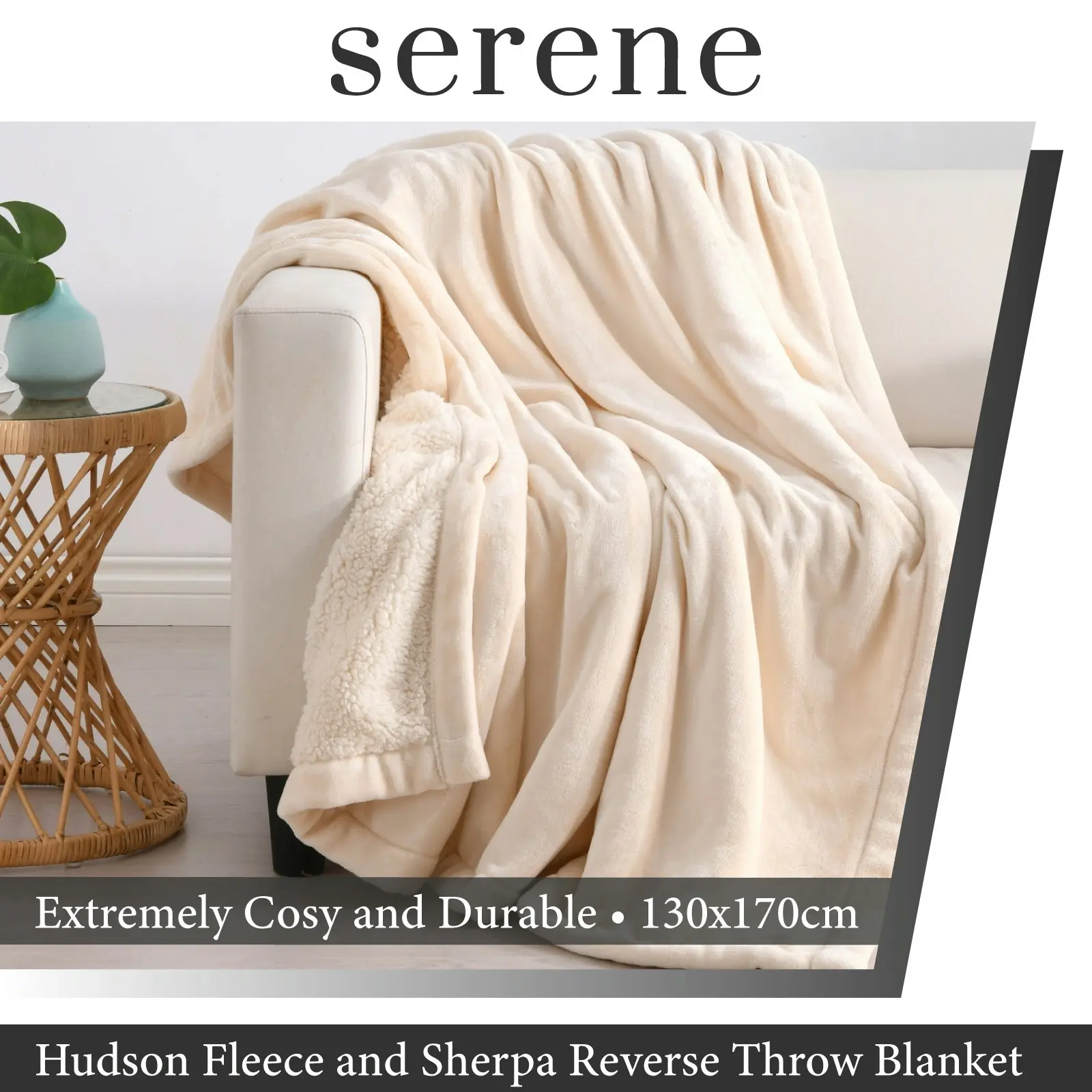 Serene Hudson Fleece and Sherpa Reverse Throw Blanket Cream 130x170cm