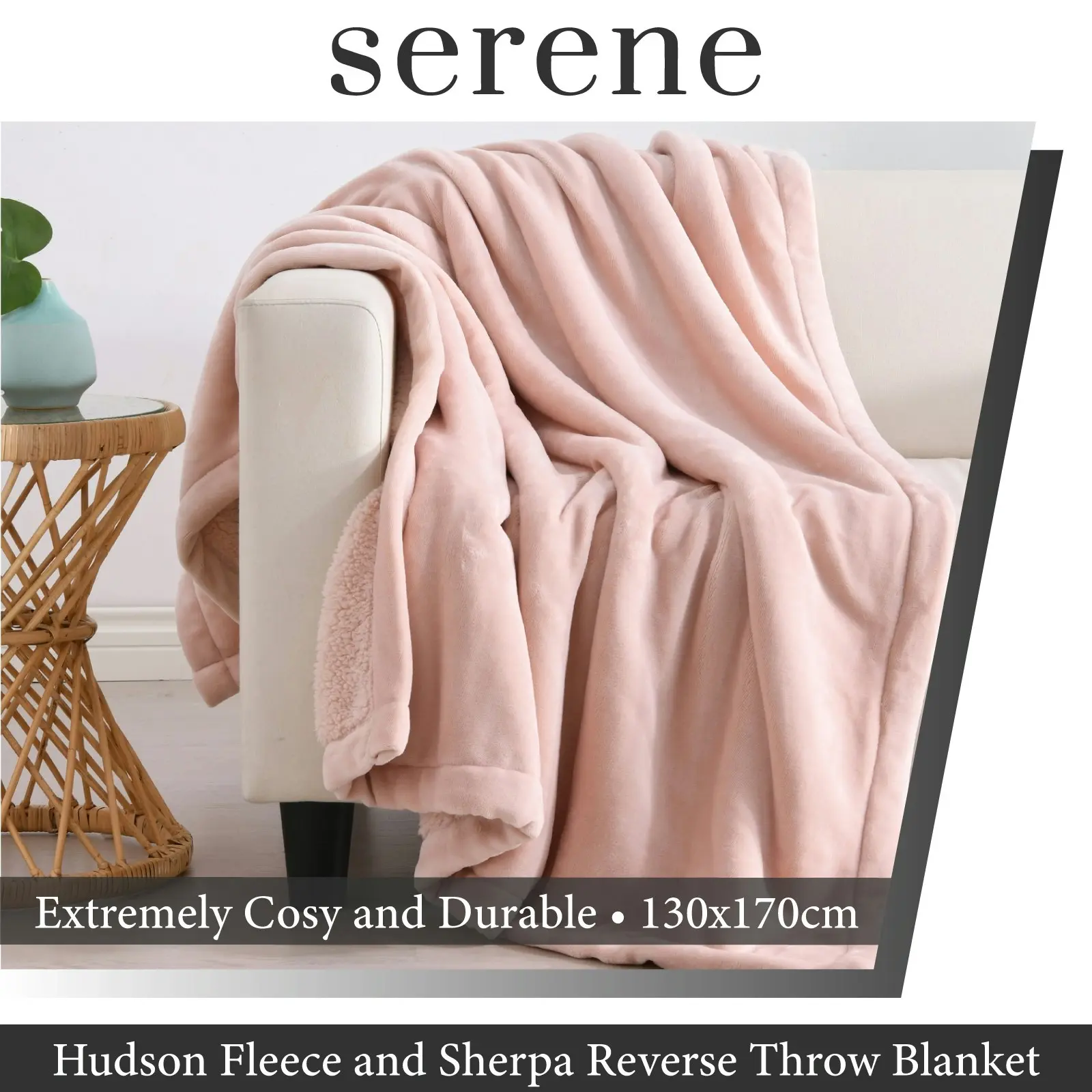 Serene Hudson Fleece and Sherpa Reverse Throw Blanket Blush 130x170cm