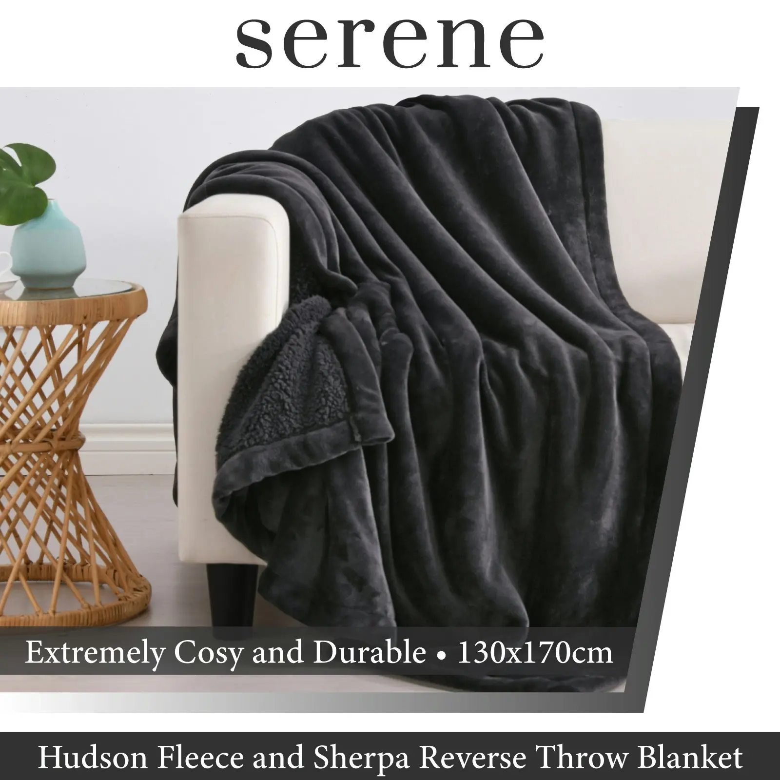 Serene Hudson Fleece and Sherpa Reverse Throw Blanket Charcoal 130x170cm