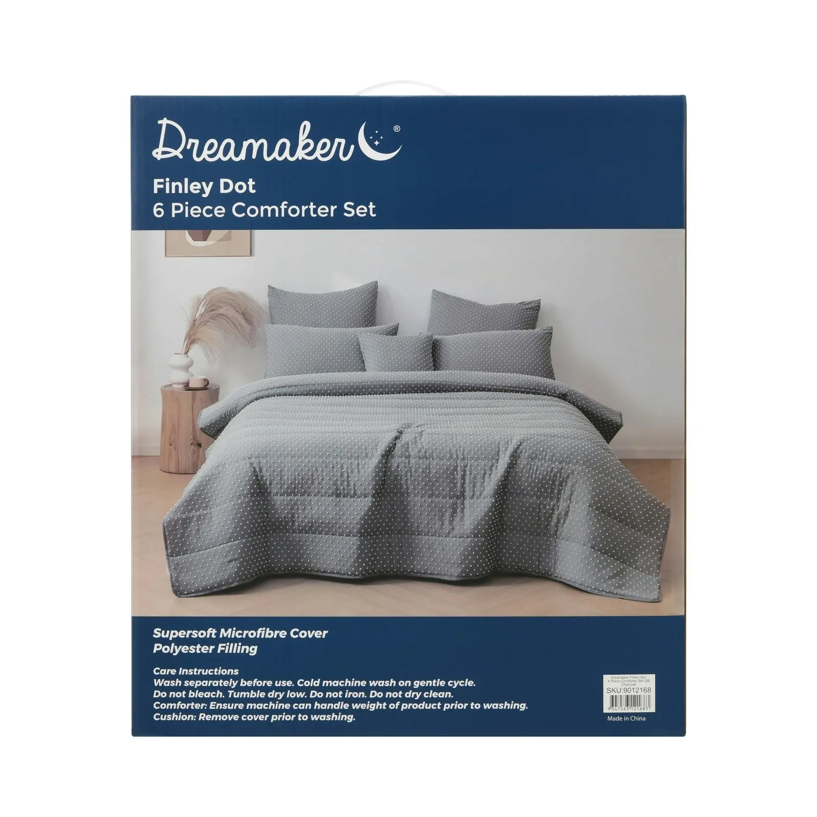 Dreamaker Finley Dot 6 Piece Comforter Set Charcoal Super King Bed