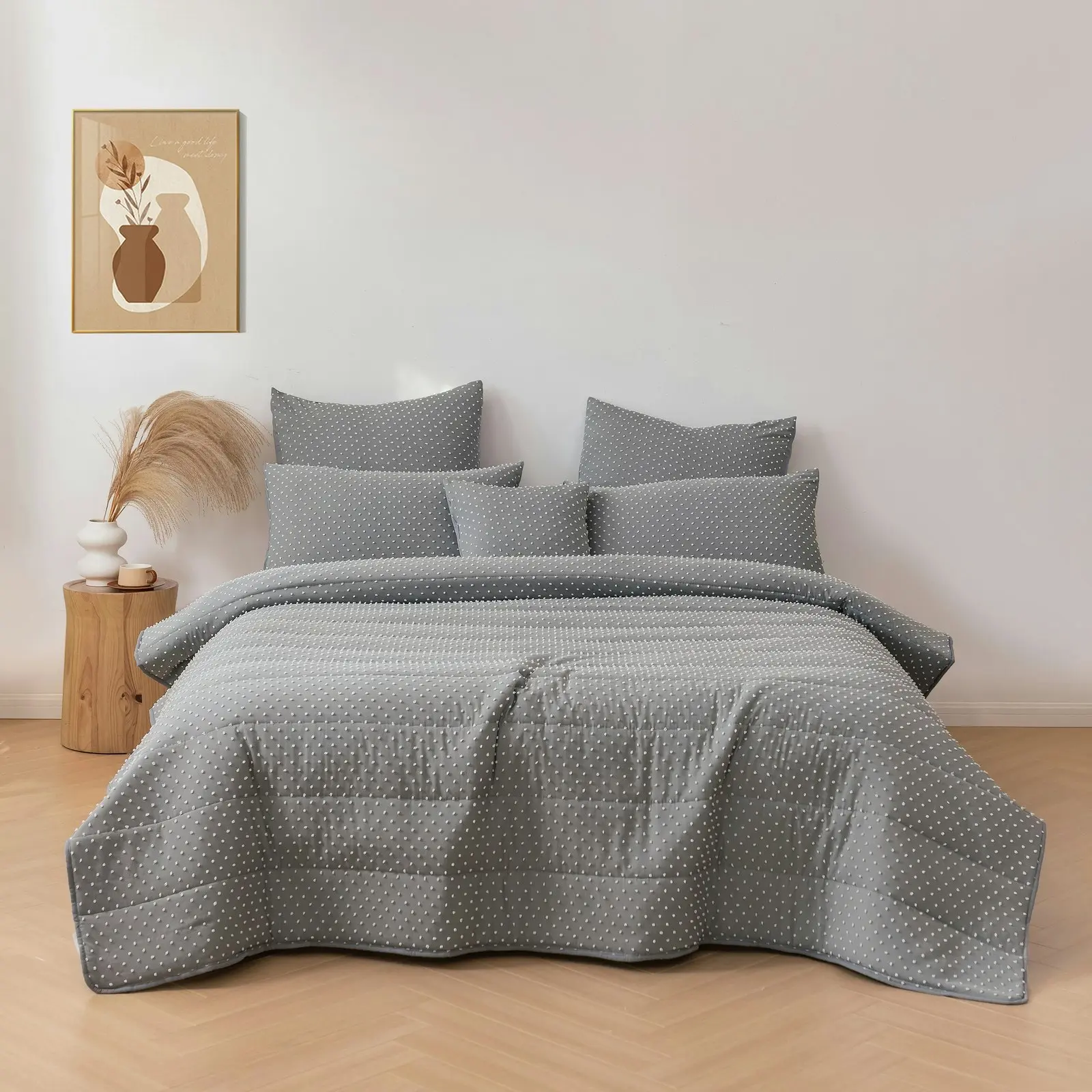 Dreamaker Finley Dot 6 Piece Comforter Set Charcoal Super King Bed