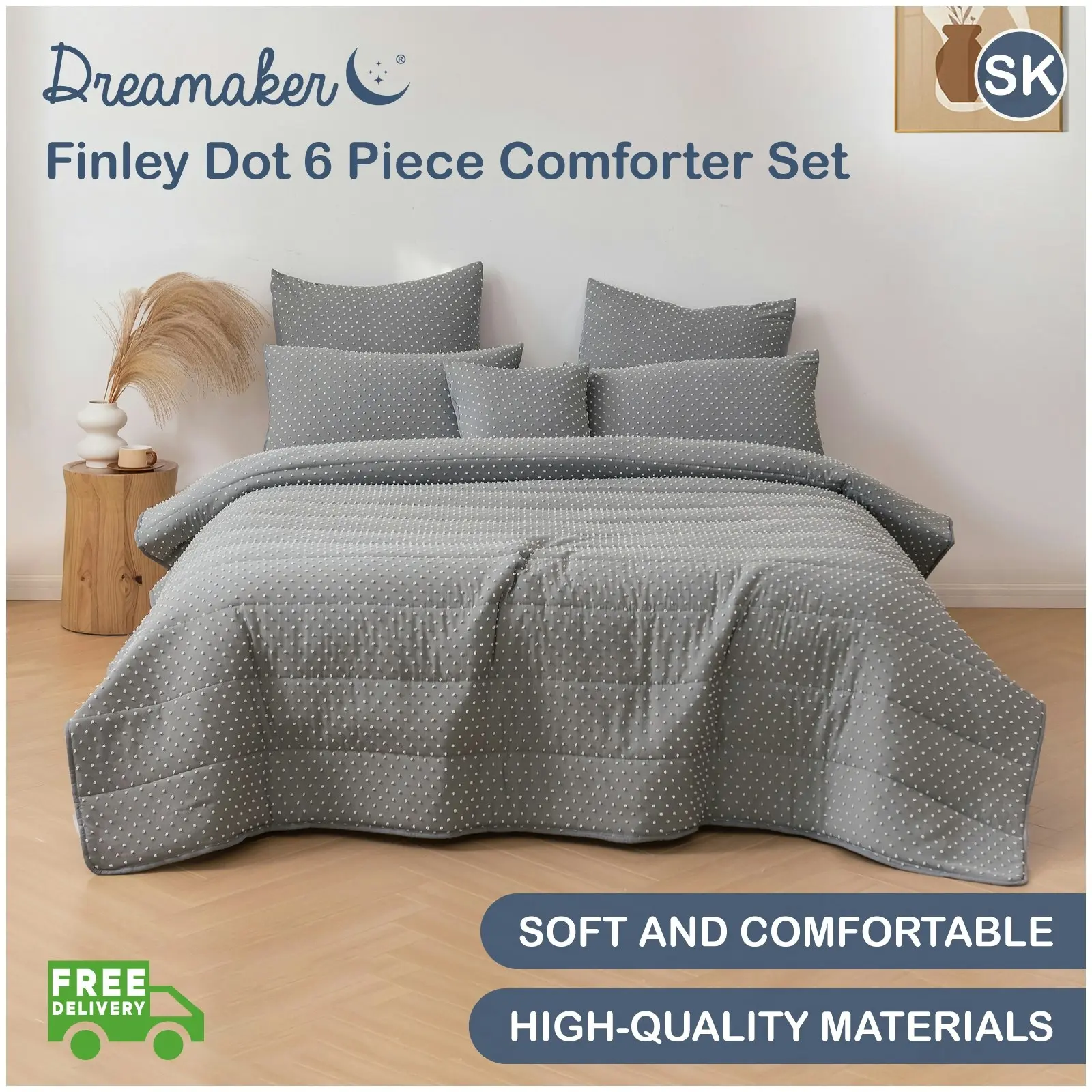 Dreamaker Finley Dot 6 Piece Comforter Set Charcoal Super King Bed