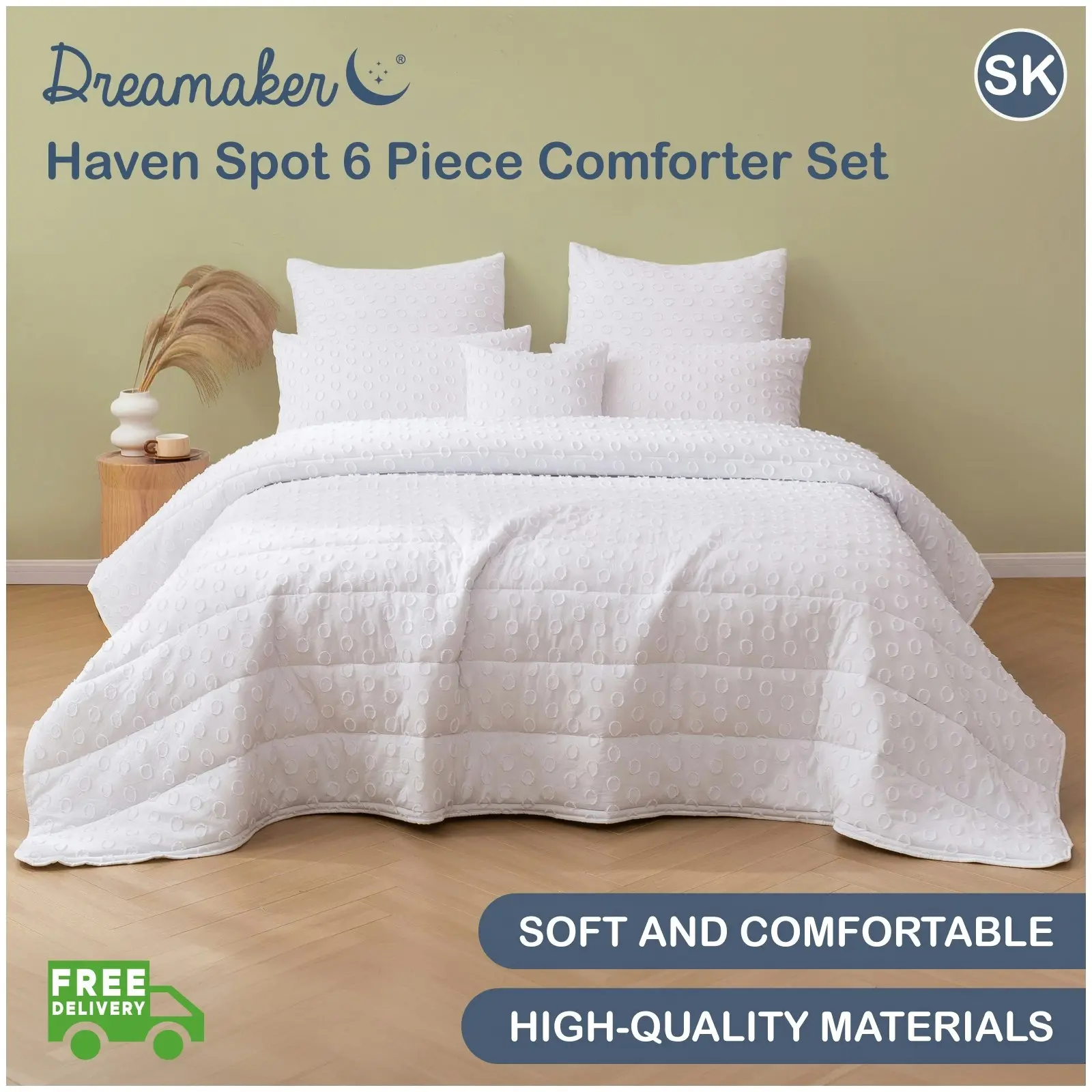 Dreamaker Haven Spot 6 Piece Comforter Set White Super King Bed