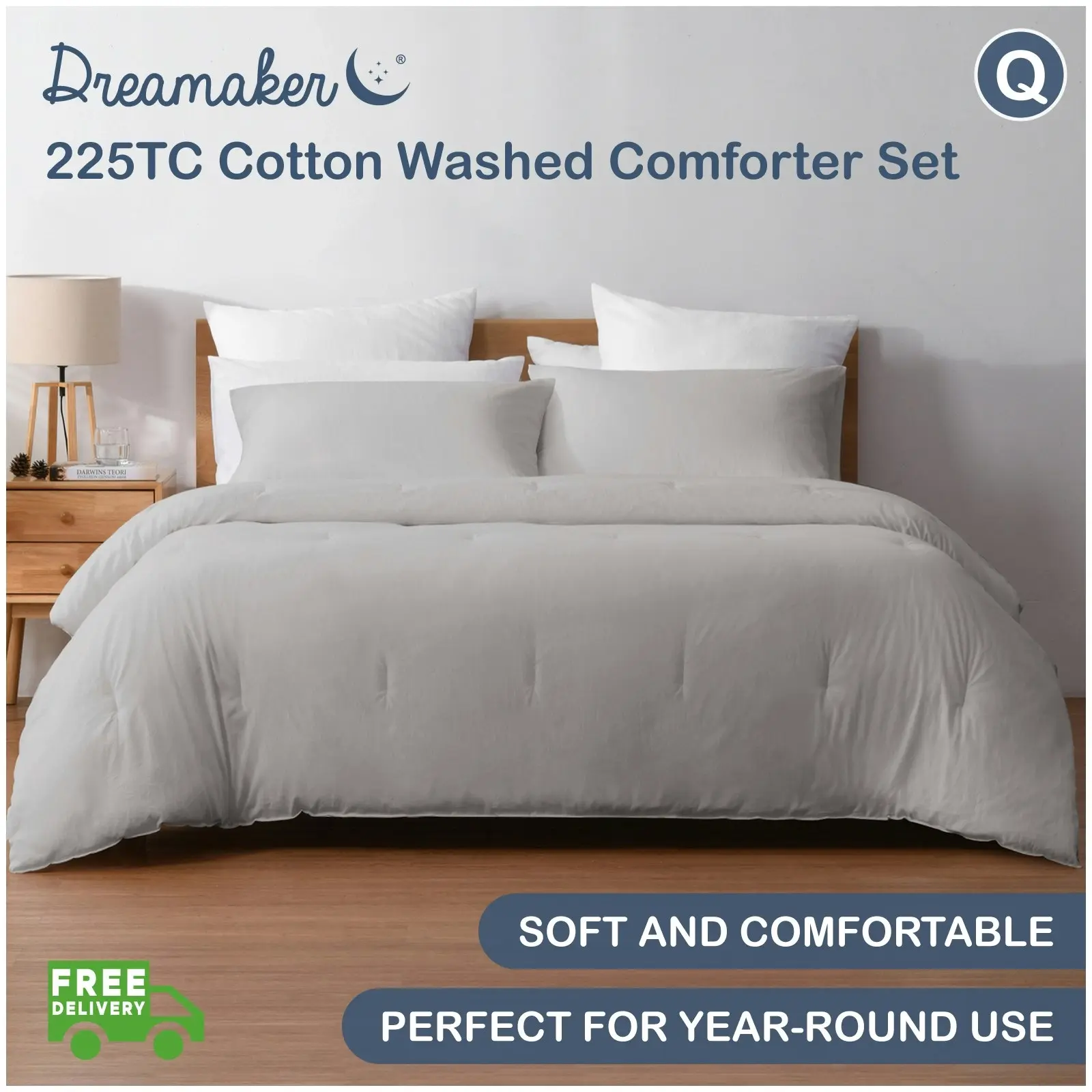 Dreamaker 225TC Cotton Washed Comforter Set Light Grey Queen Bed