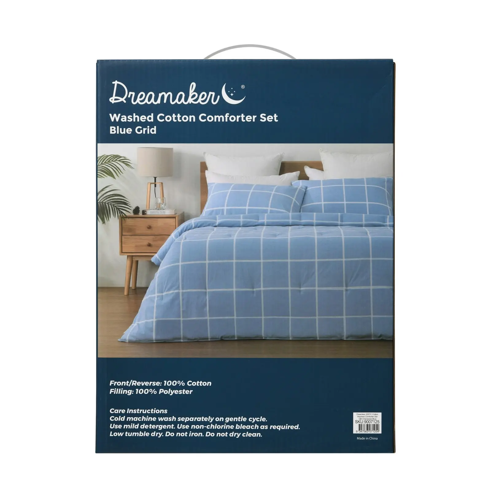 Dreamaker 225TC Cotton Washed Comforter Set Checkered-Blue Queen Bed