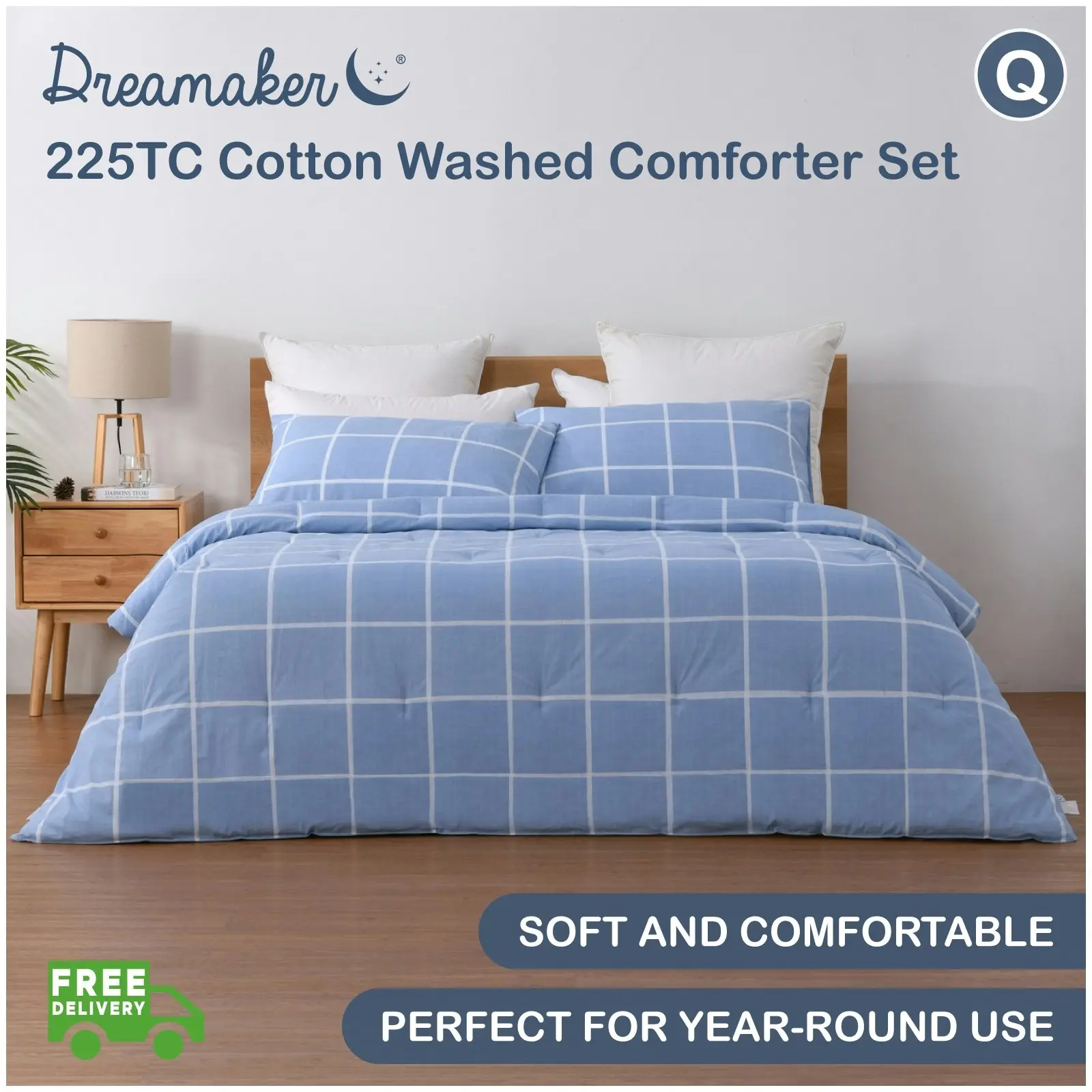 Dreamaker 225TC Cotton Washed Comforter Set Checkered-Blue Queen Bed