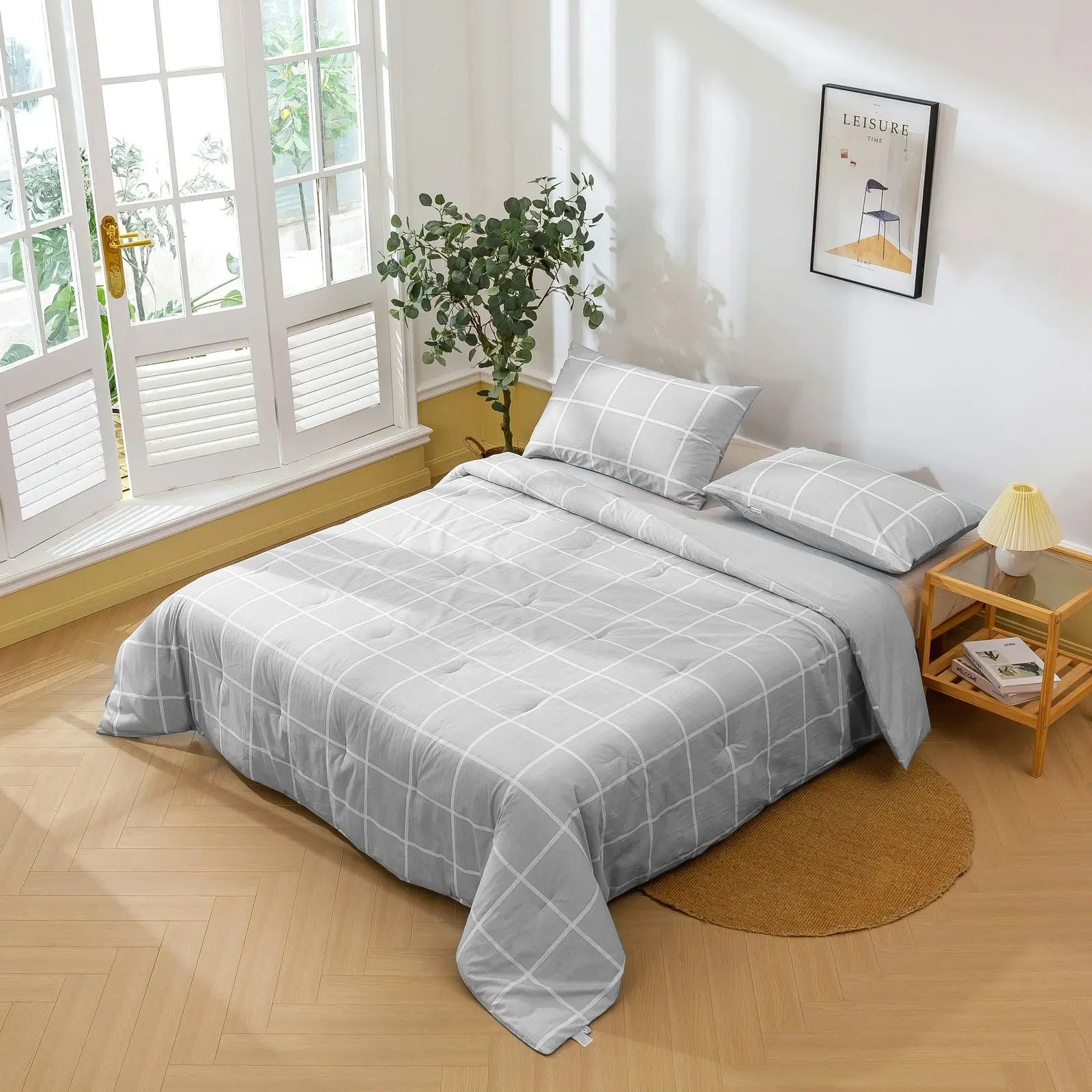 Dreamaker 225TC Cotton Washed Comforter Set Checkered-Grey Queen Bed