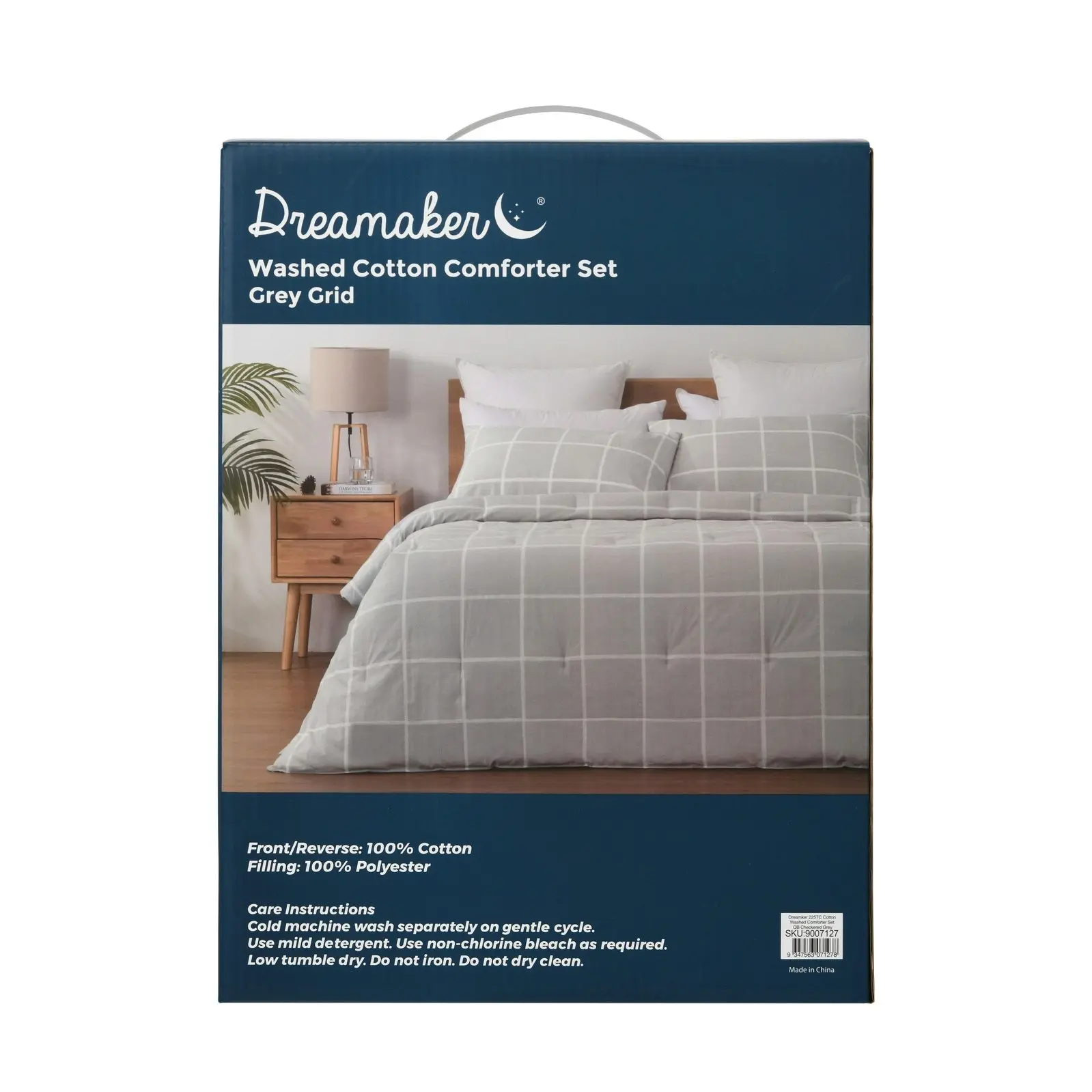 Dreamaker 225TC Cotton Washed Comforter Set Checkered-Grey Queen Bed