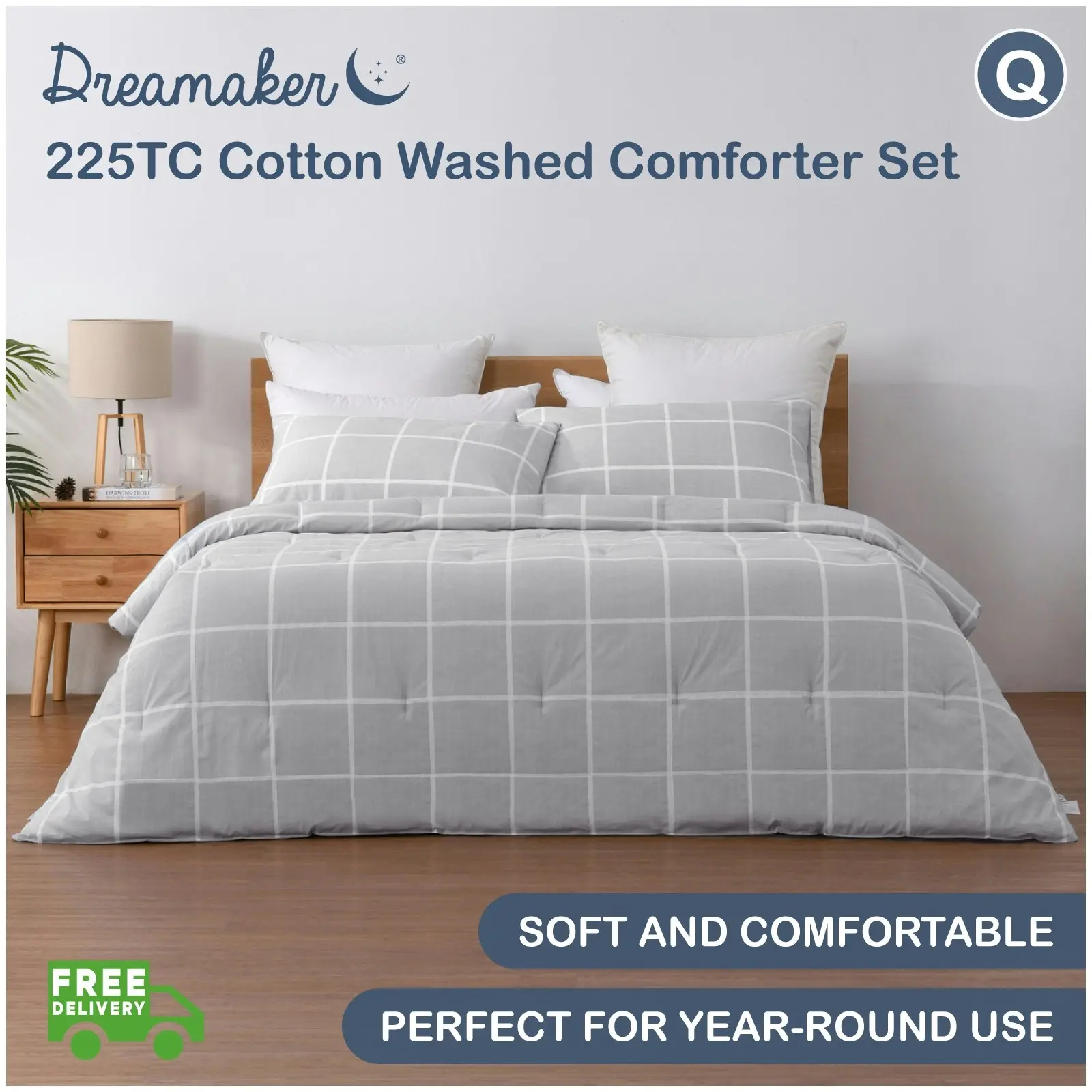 Dreamaker 225TC Cotton Washed Comforter Set Checkered-Grey Queen Bed