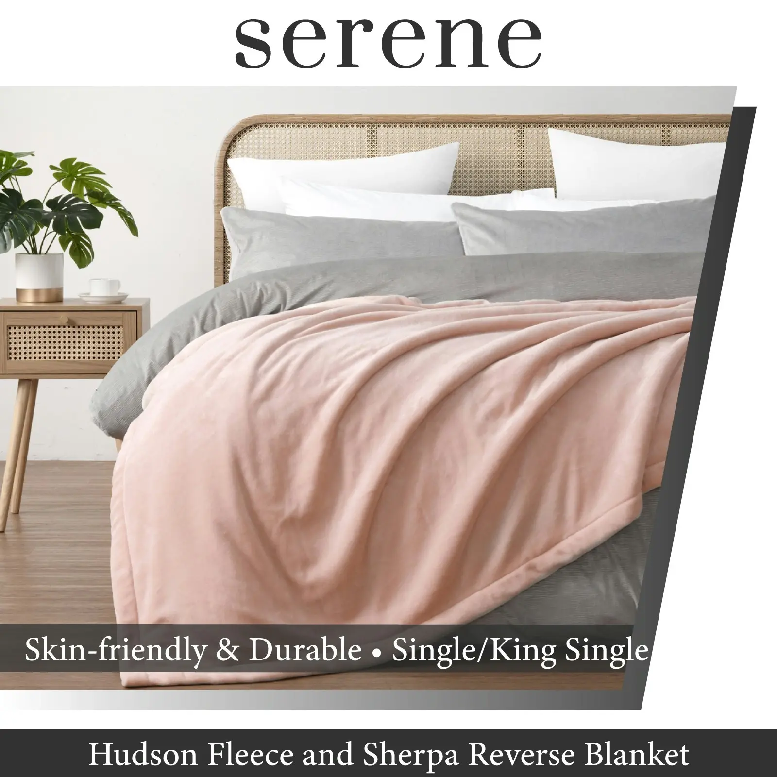 Serene Hudson Fleece and Sherpa Reverse Blanket Blush Single/King Single Bed