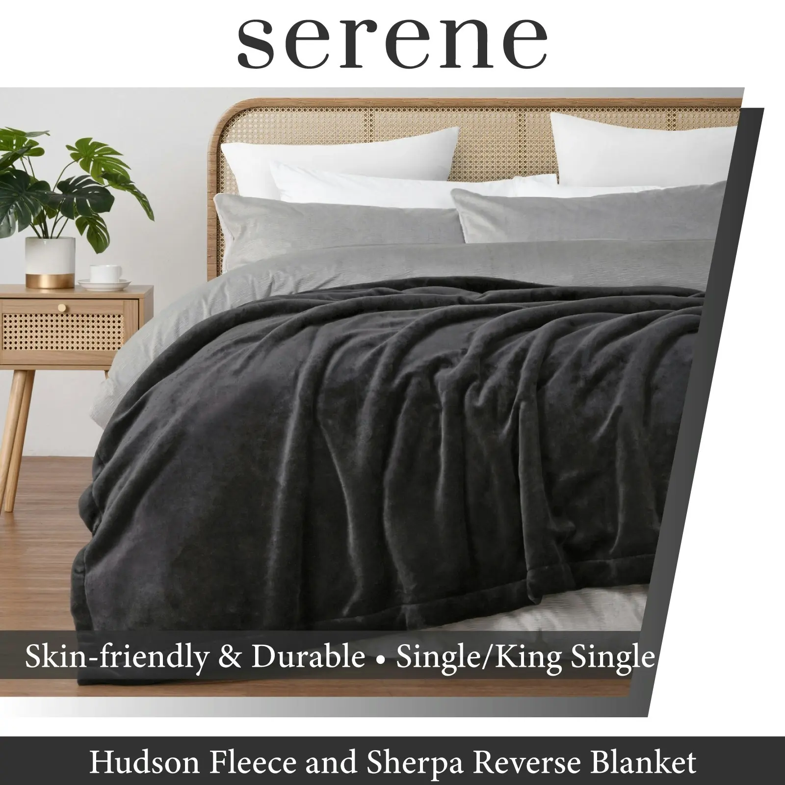 Serene Hudson Fleece and Sherpa Reverse Blanket Charcoal Single/King Single Bed