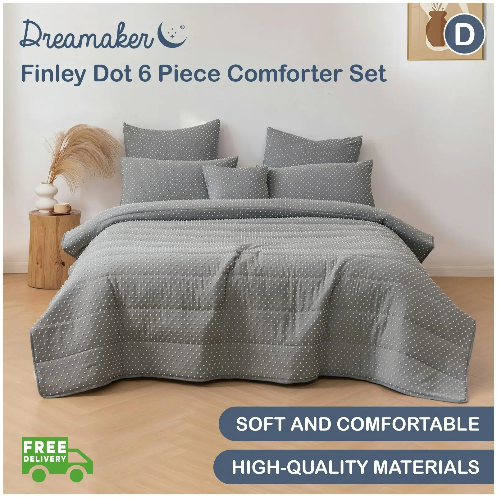 Dreamaker Finley Dot 6 Piece Comforter Set Charcoal Double Bed