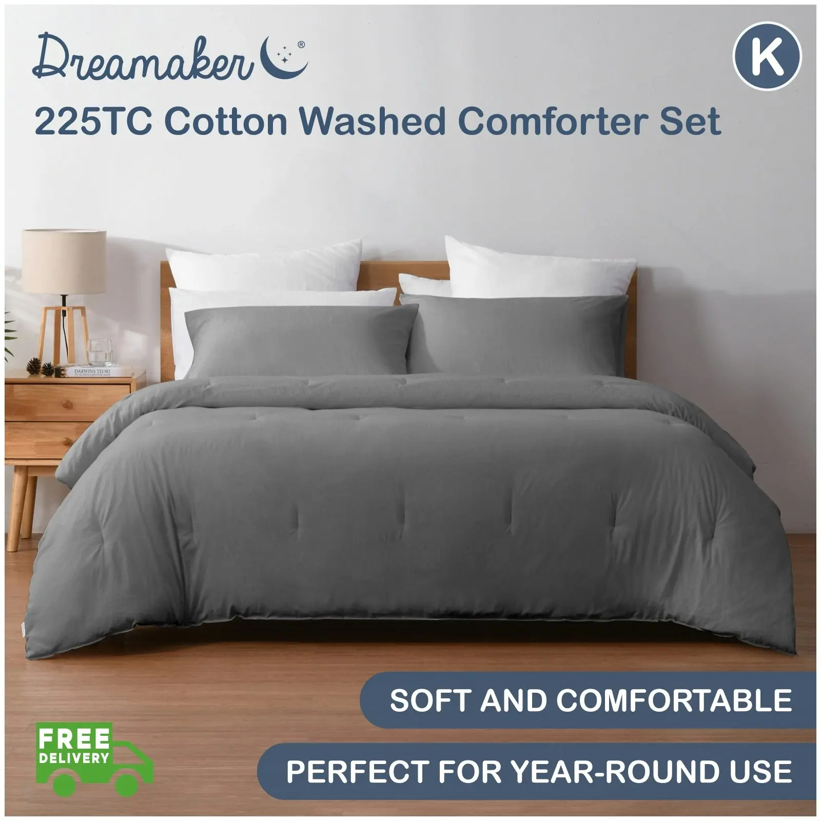 Dreamaker 225TC Cotton Washed Comforter Set Dark Grey King Bed