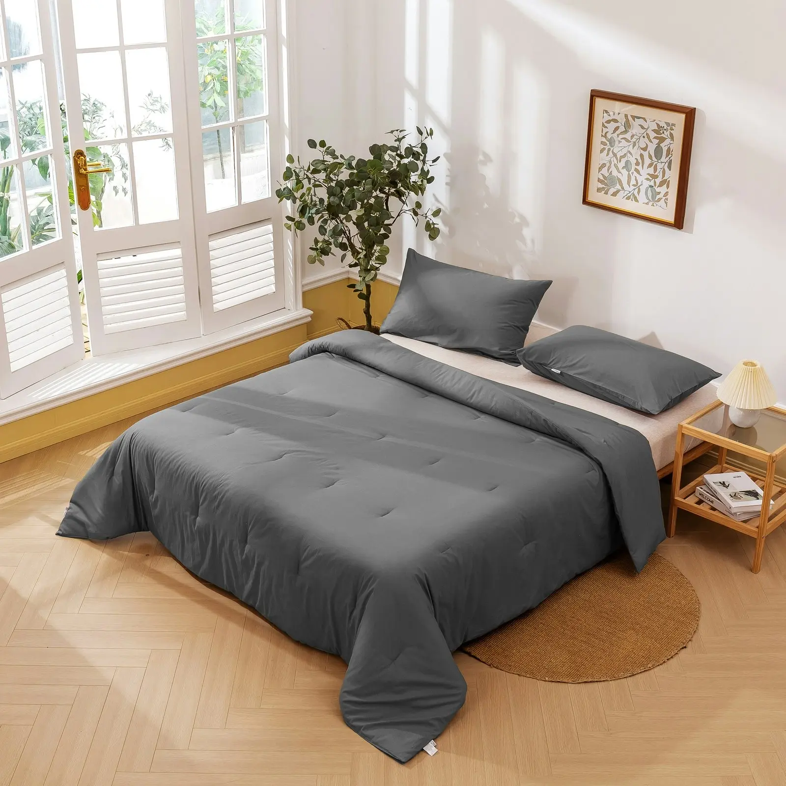 Dreamaker 225TC Cotton Washed Comforter Set Dark Grey King Bed