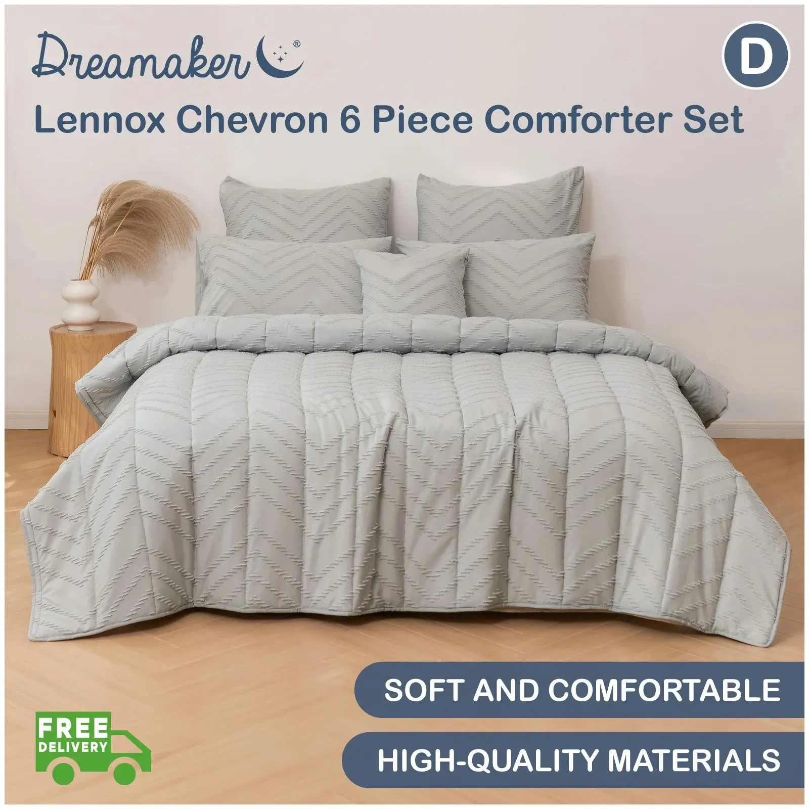 Dreamaker Lennox Chevron 6 Piece Comforter Set Silver Double Bed