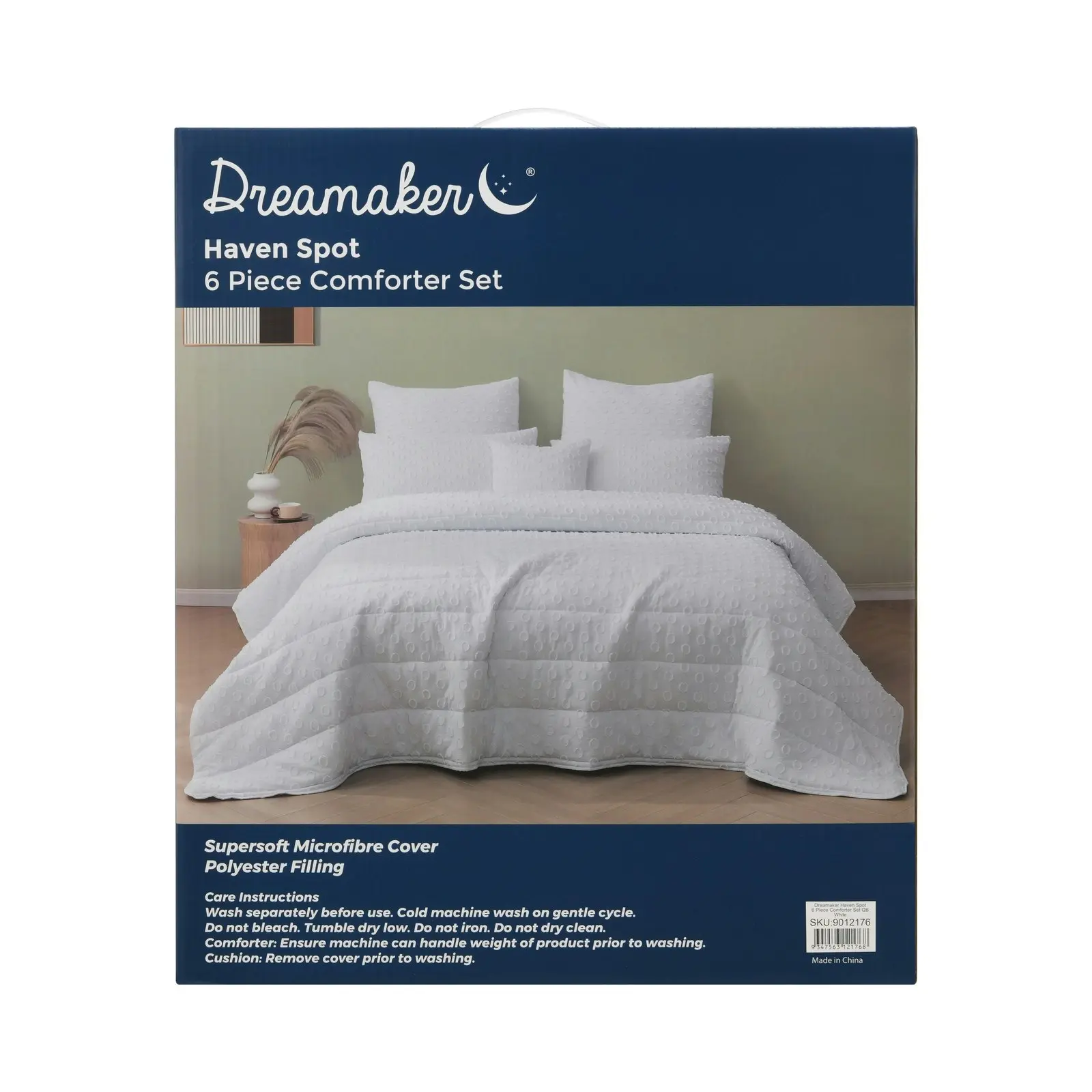 Dreamaker Haven Spot 6 Piece Comforter Set White Queen Bed