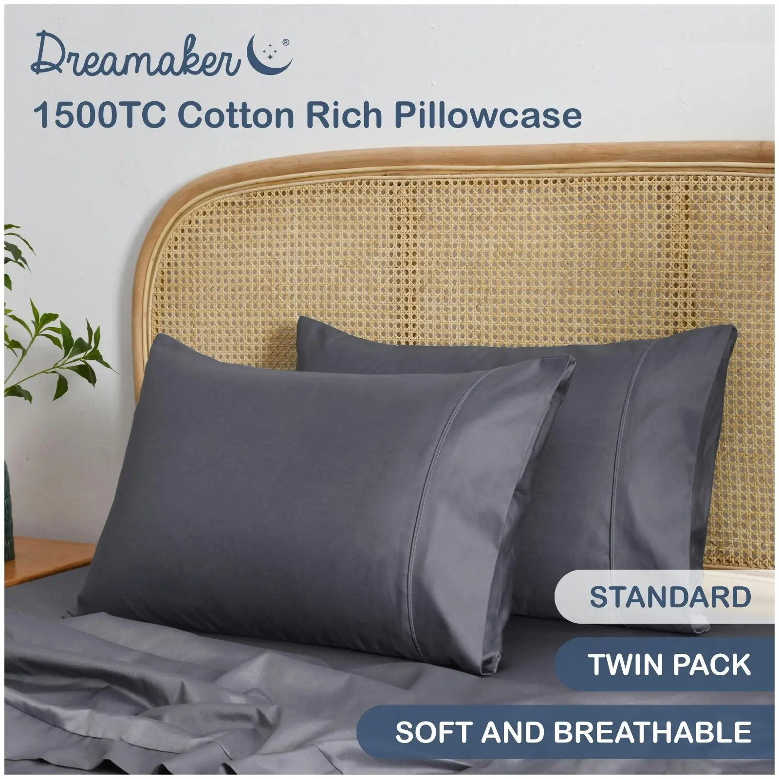 Dreamaker 1500TC Cotton Rich Standard Pillowcase Twin Pack Charcoal