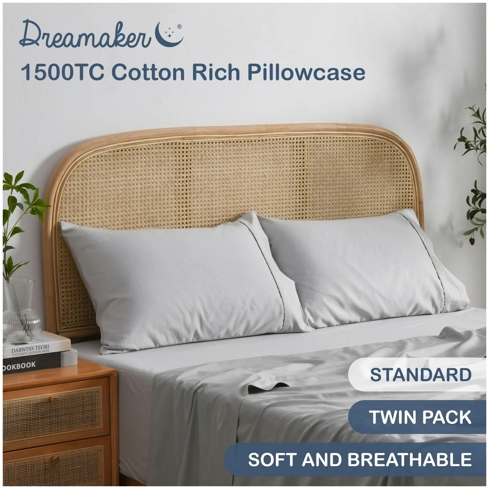 Dreamaker 1500TC Cotton Rich Standard Pillowcase Twin Pack Dove Grey