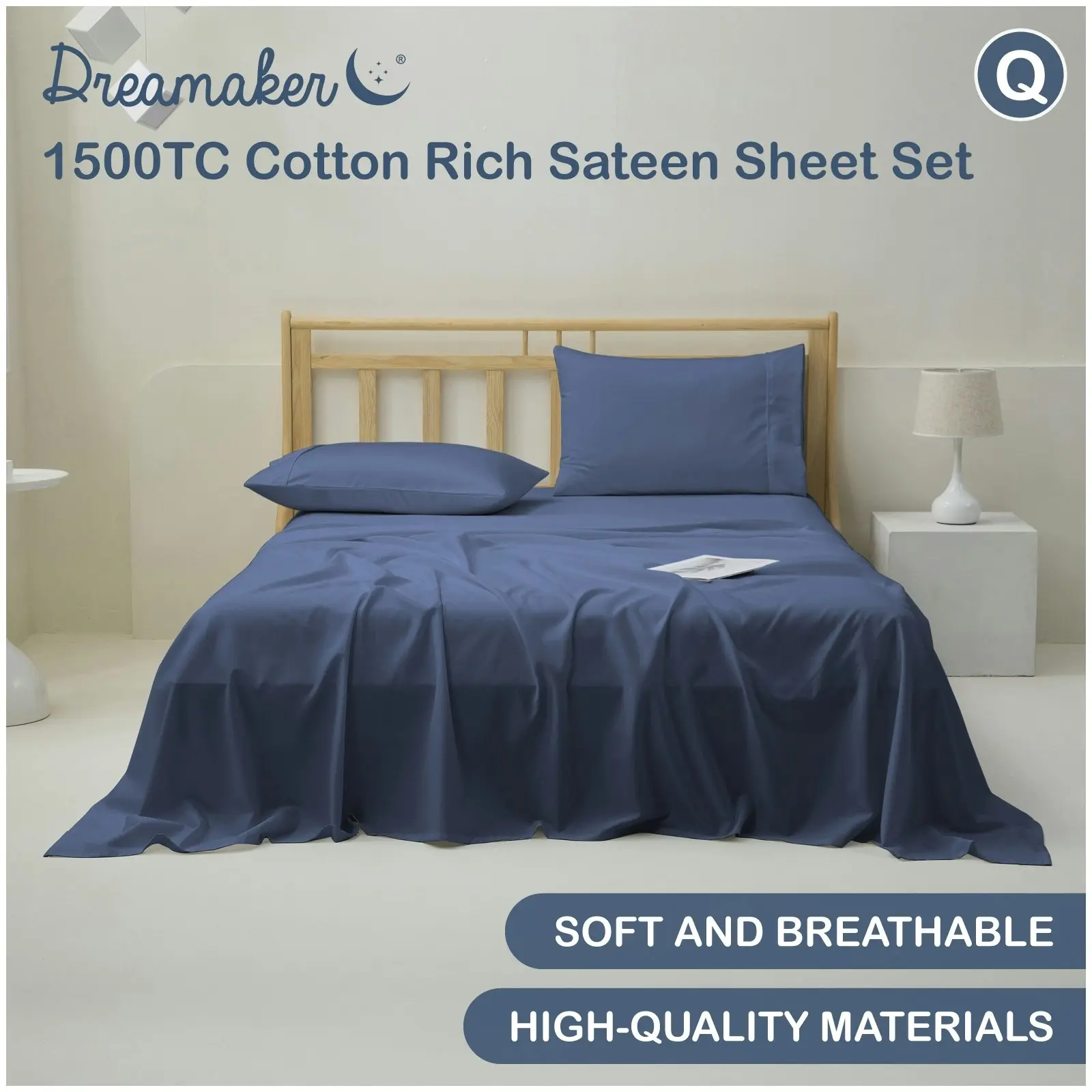 Dreamaker 1500TC Cotton Rich Sateen Sheet Set Navy Queen Bed