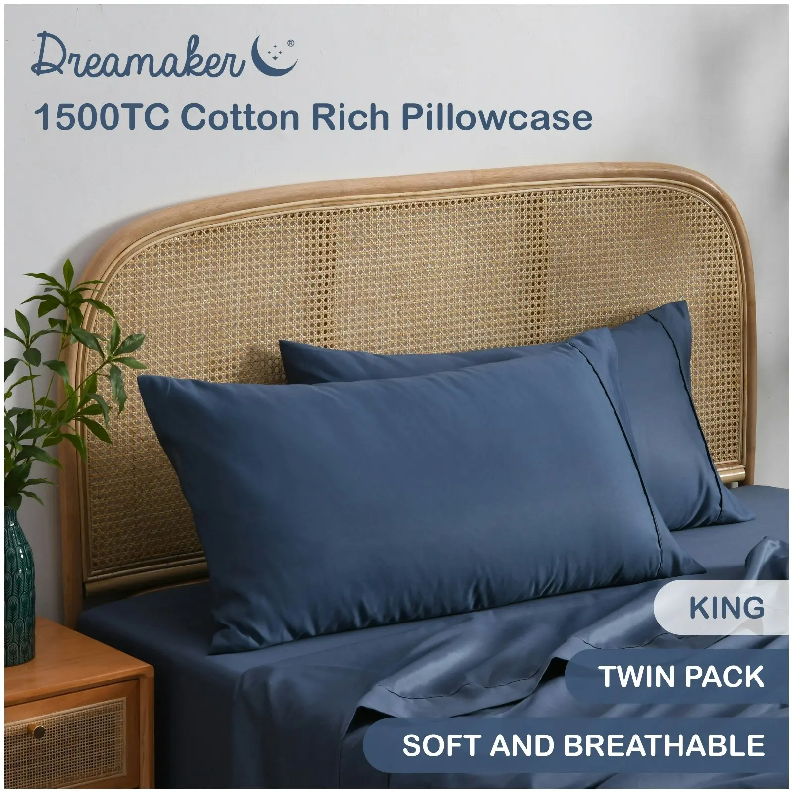 Dreamaker 1500TC Cotton Rich King Pillowcase Twin Pack Navy