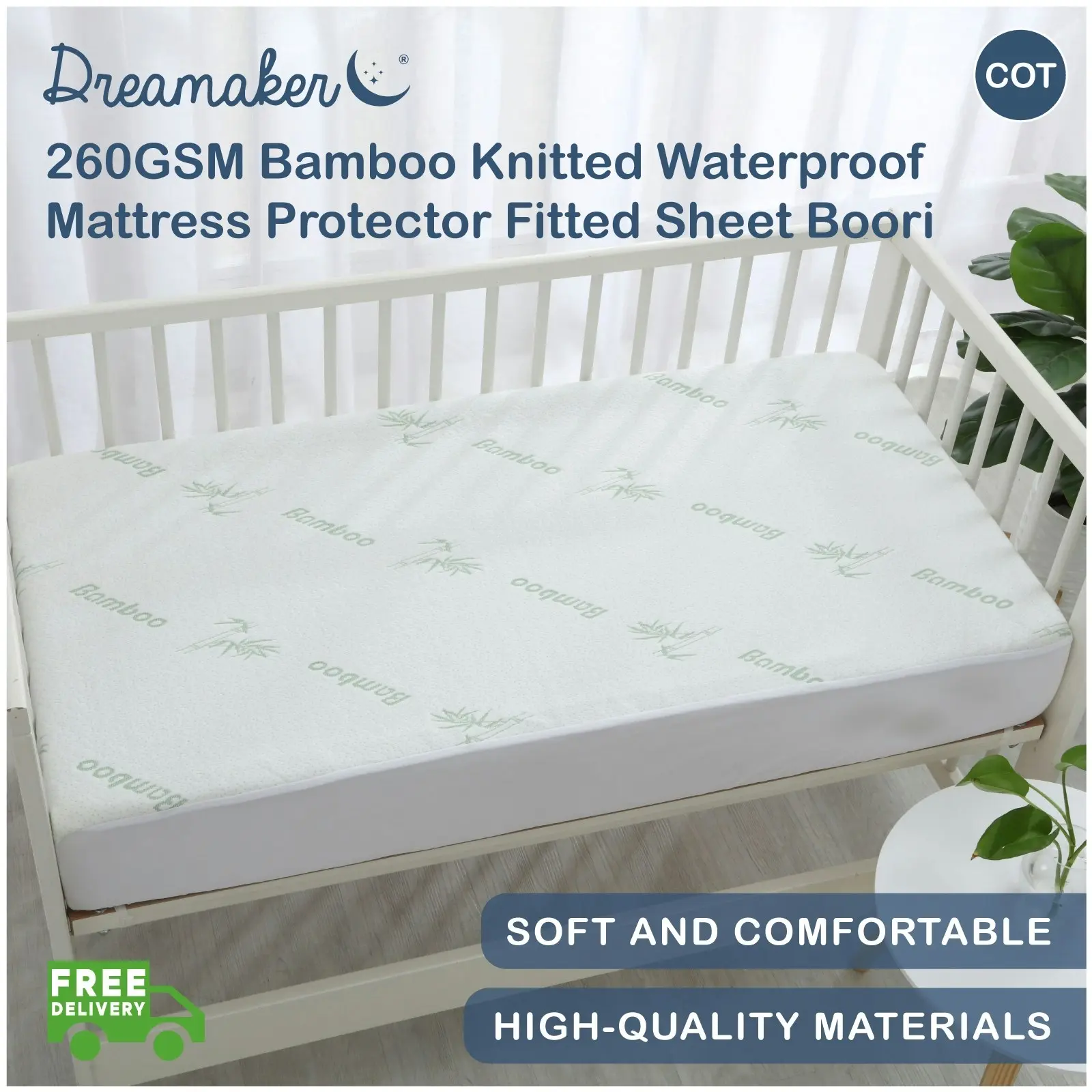 Dreamaker 260gsm Bamboo Knitted Baby COT Waterproof Mattress Protector White Fitted Sheet Boori