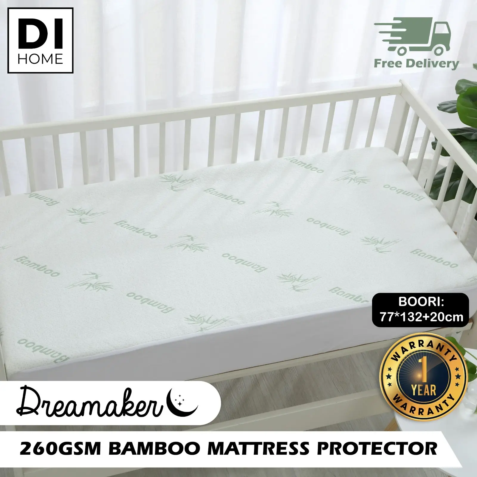 Dreamaker 260gsm Bamboo Knitted Baby COT Waterproof Mattress Protector White Fitted Sheet Boori