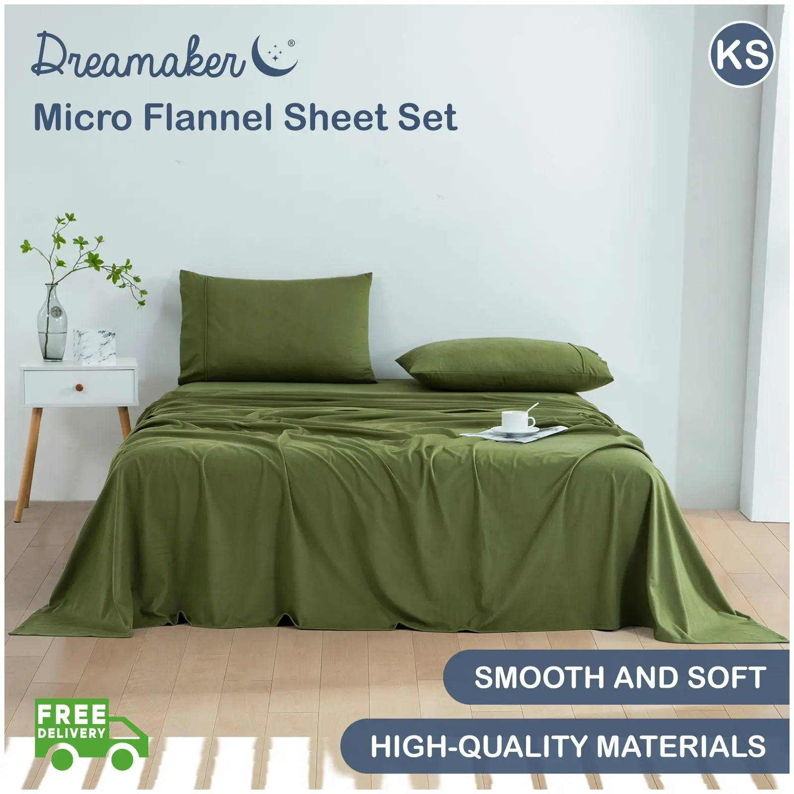 Dreamaker Micro Flannel Sheet Set King Single Bed Olive