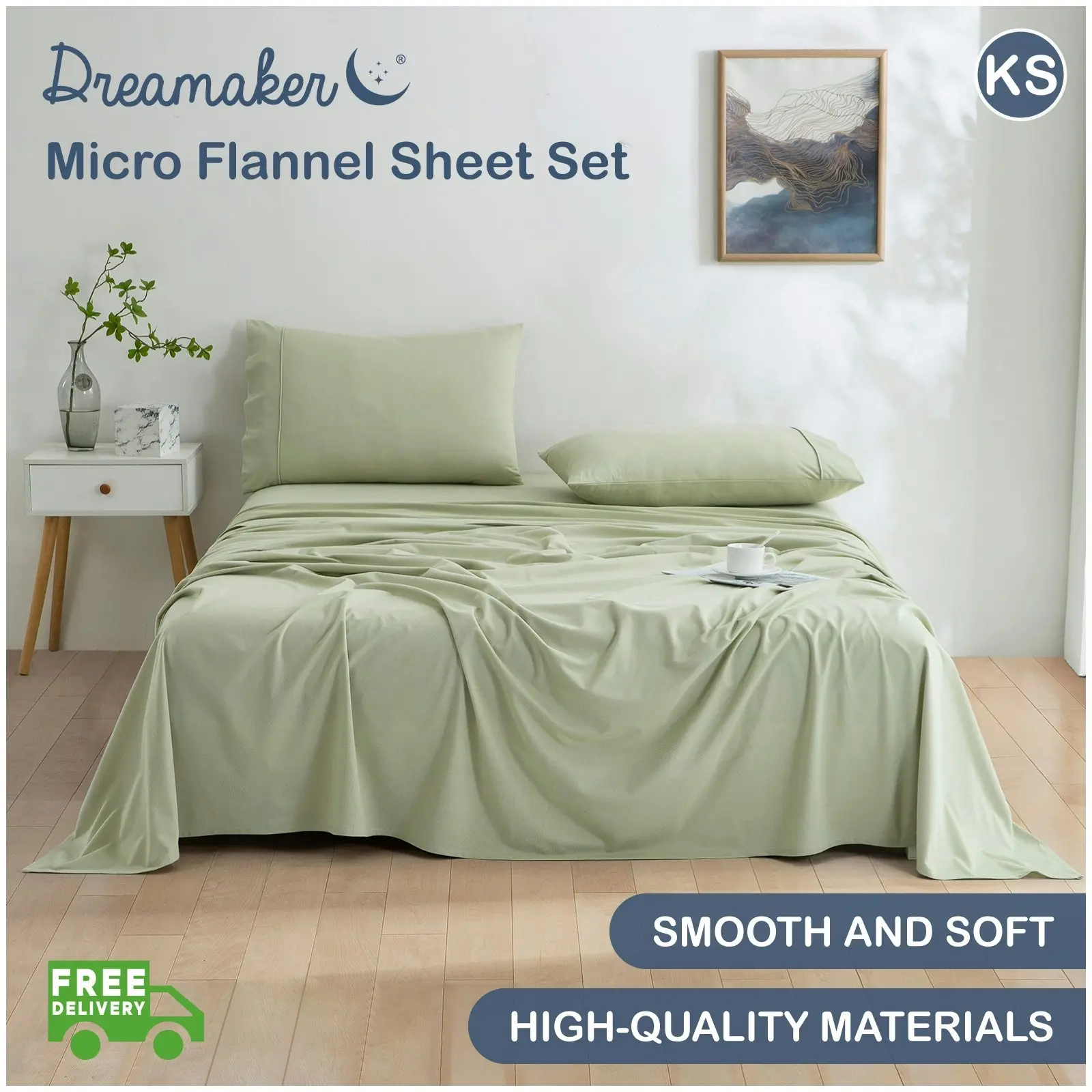 Dreamaker Micro Flannel Sheet Set King Single Bed Sage