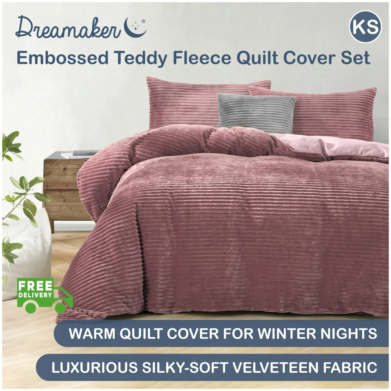 Dreamaker Embossed Teddy Fleece Quilt Cover Set Blush King Single Bed