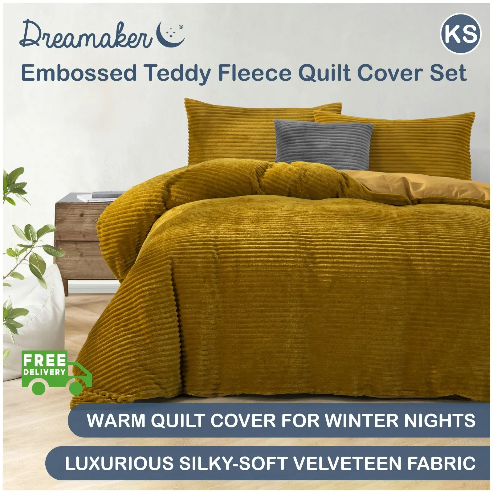 Dreamaker Embossed Teddy Fleece Quilt Cover Set Mustard King Single Bed