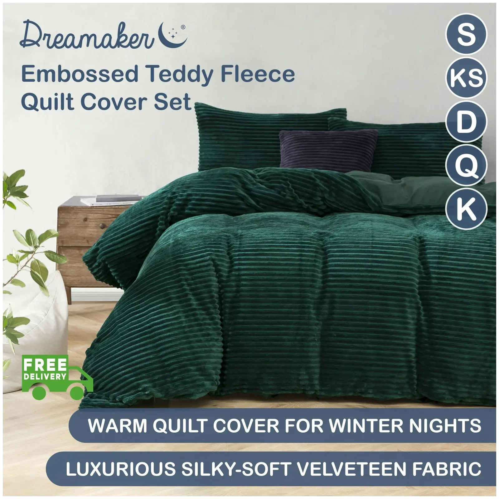 Dreamaker Embossed Teddy Fleece Quilt Cover Set Emerald