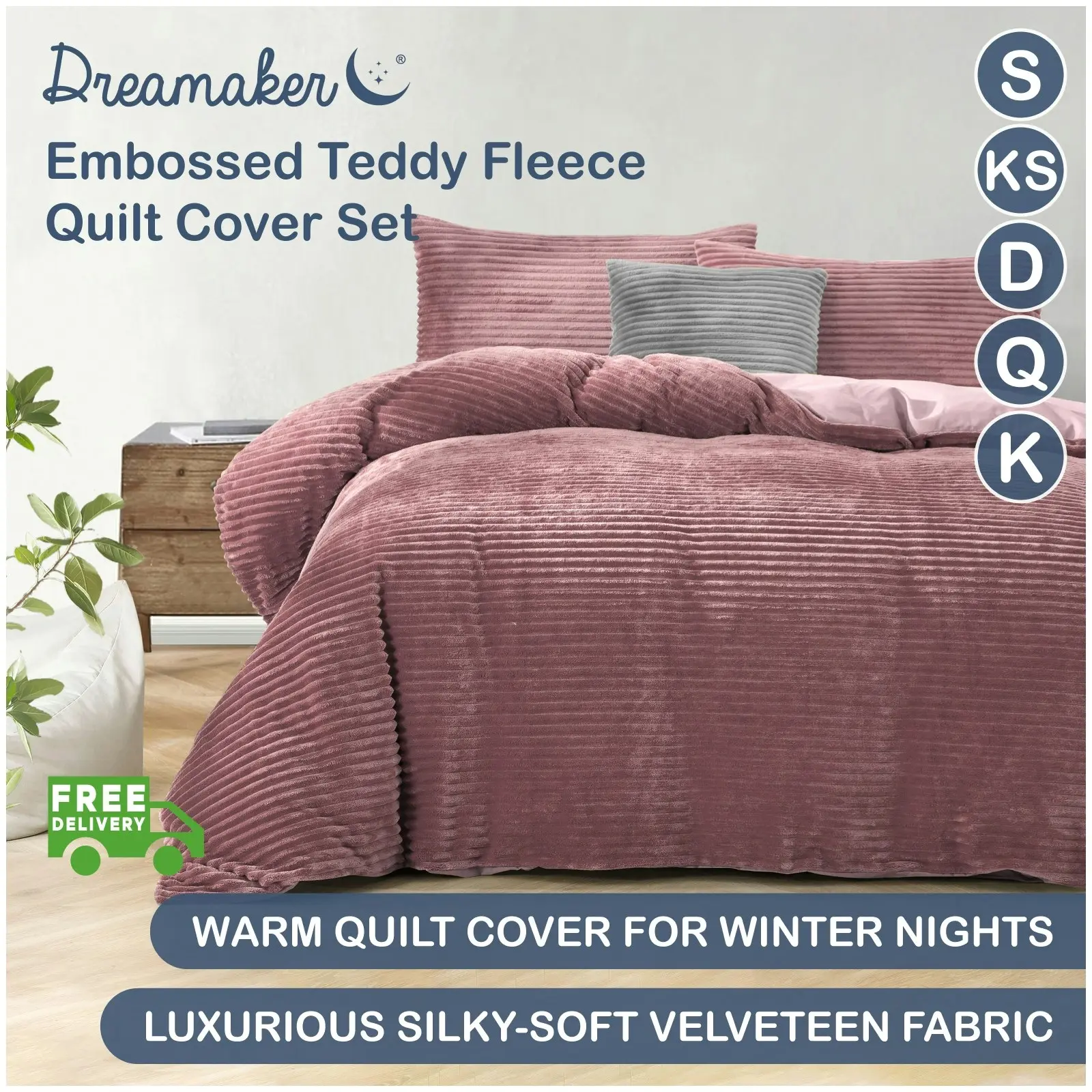 Dreamaker Embossed Teddy Fleece Quilt Cover Set Blush