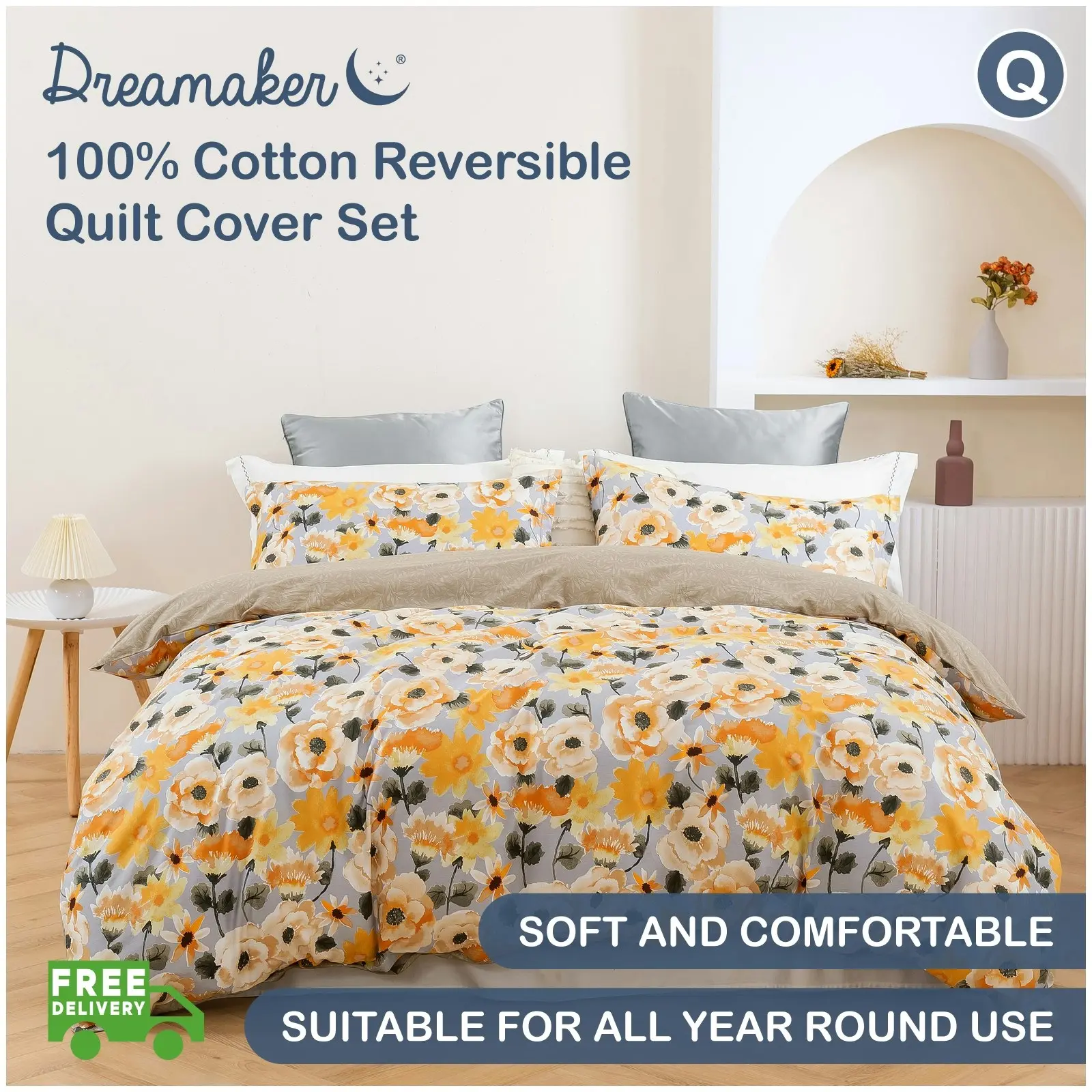 Dreamaker Marigold 100% Cotton Reversible Quilt Cover Set Queen Bed