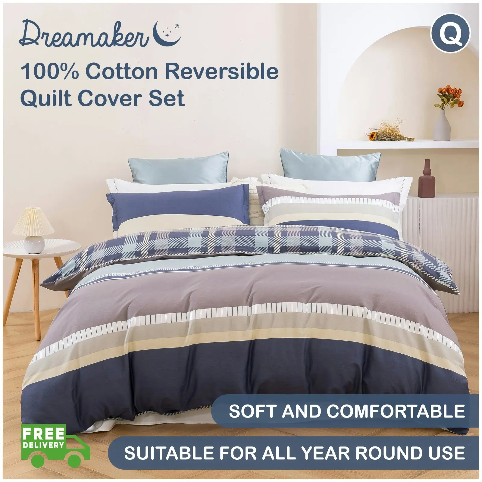 Dreamaker Gaia 100% Cotton Reversible Quilt Cover Set Queen Bed