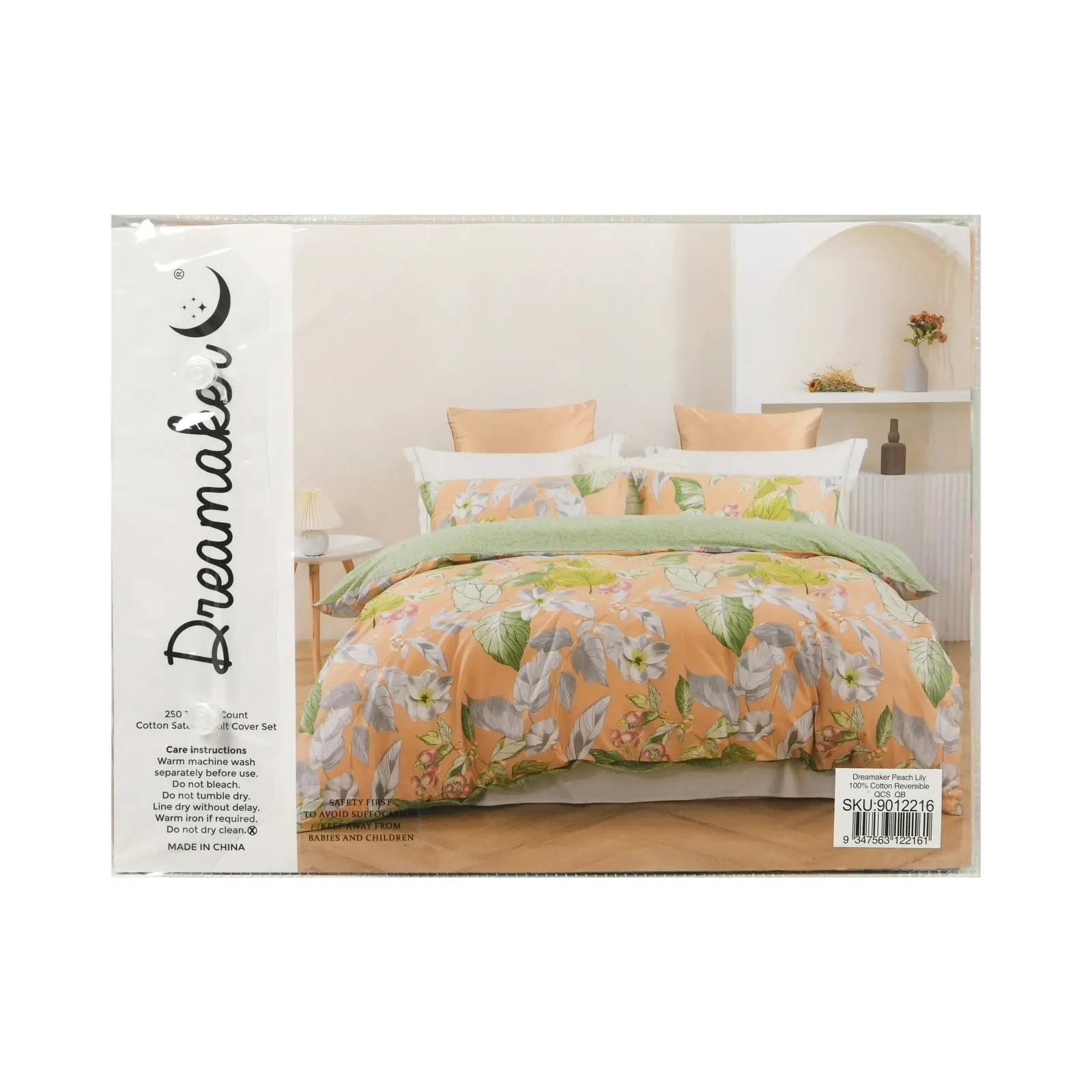 Dreamaker Peach Lily 100% Cotton Reversible Quilt Cover Set Queen Bed