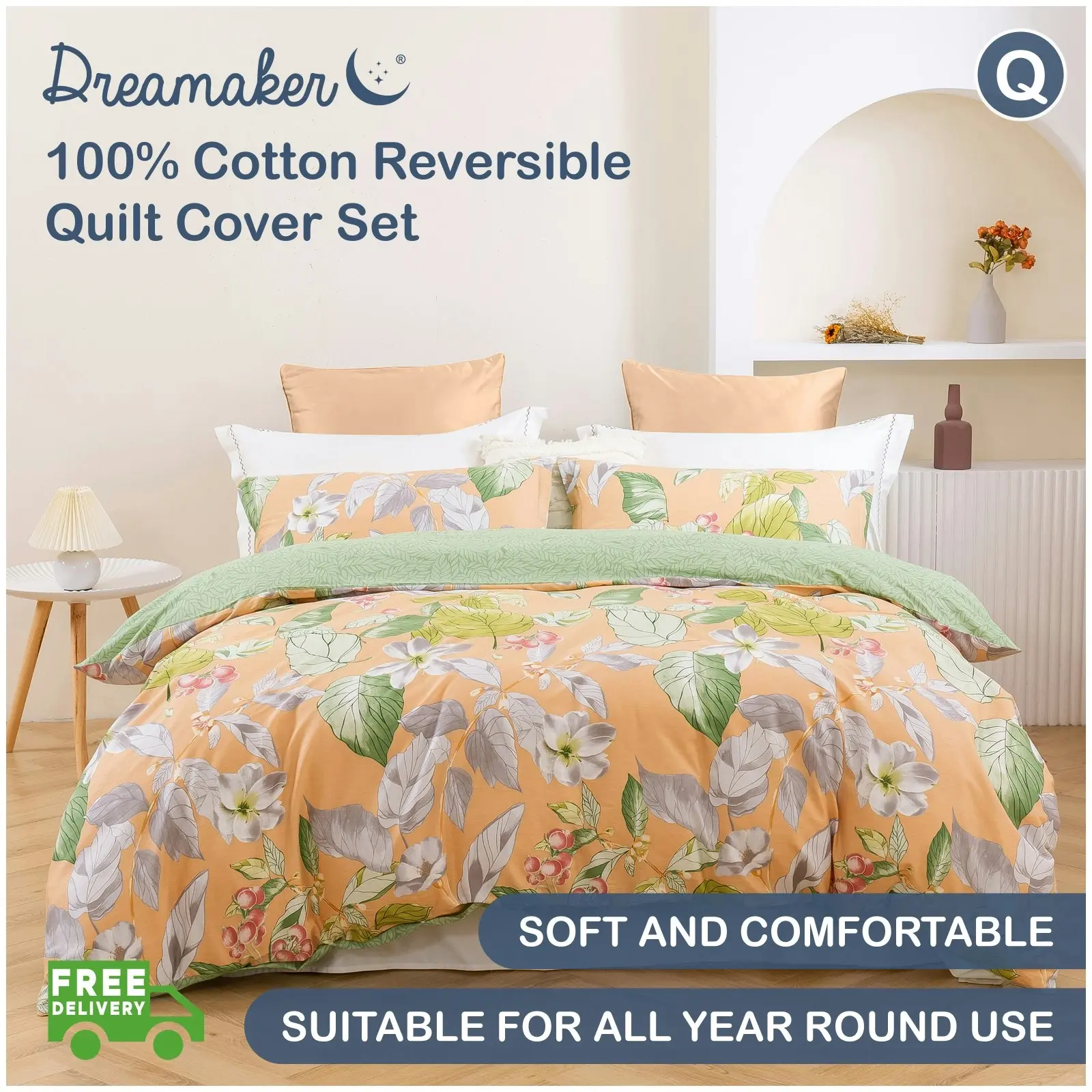 Dreamaker Peach Lily 100% Cotton Reversible Quilt Cover Set Queen Bed